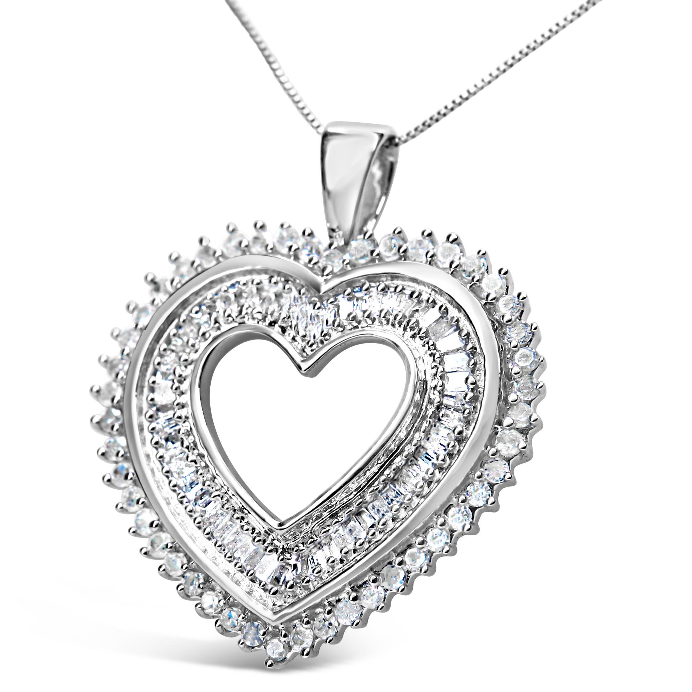 Sparkling with an impressive array of 1.0 cttw diamonds, this open heart pendant necklace for her is a beautiful illustration of love and romance. The interior of the heart is intricately lined by glittering baguette diamonds in a channel-setting,