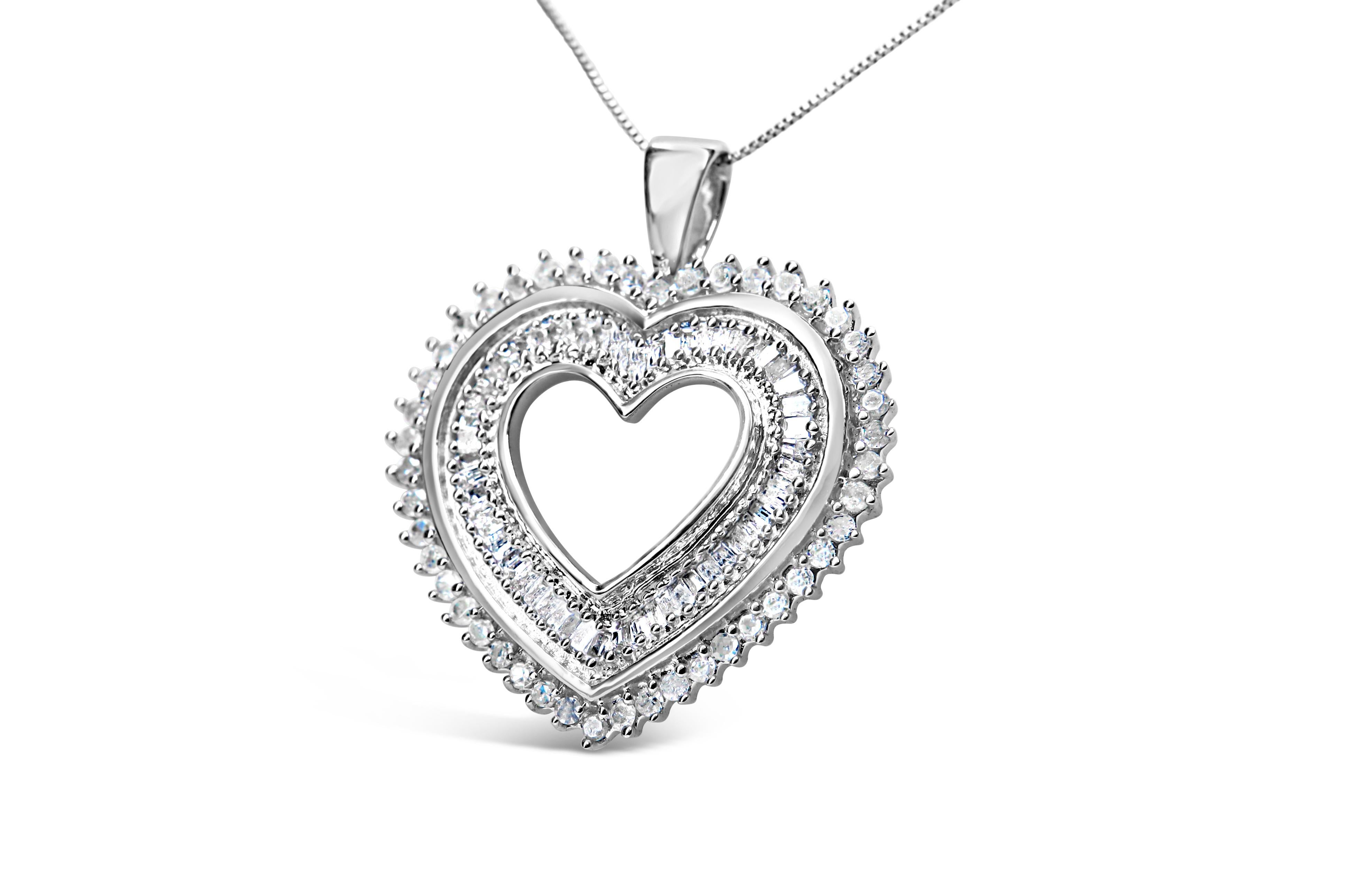 Modern .925 Sterling Silver 1.0 Carat Baguette and Round Diamond Heart Pendant Necklace For Sale
