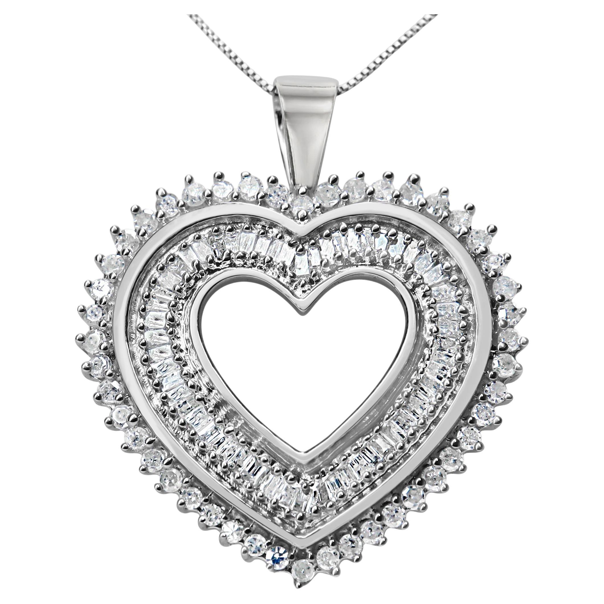 .925 Sterling Silver 1.0 Carat Baguette and Round Diamond Heart Pendant Necklace For Sale