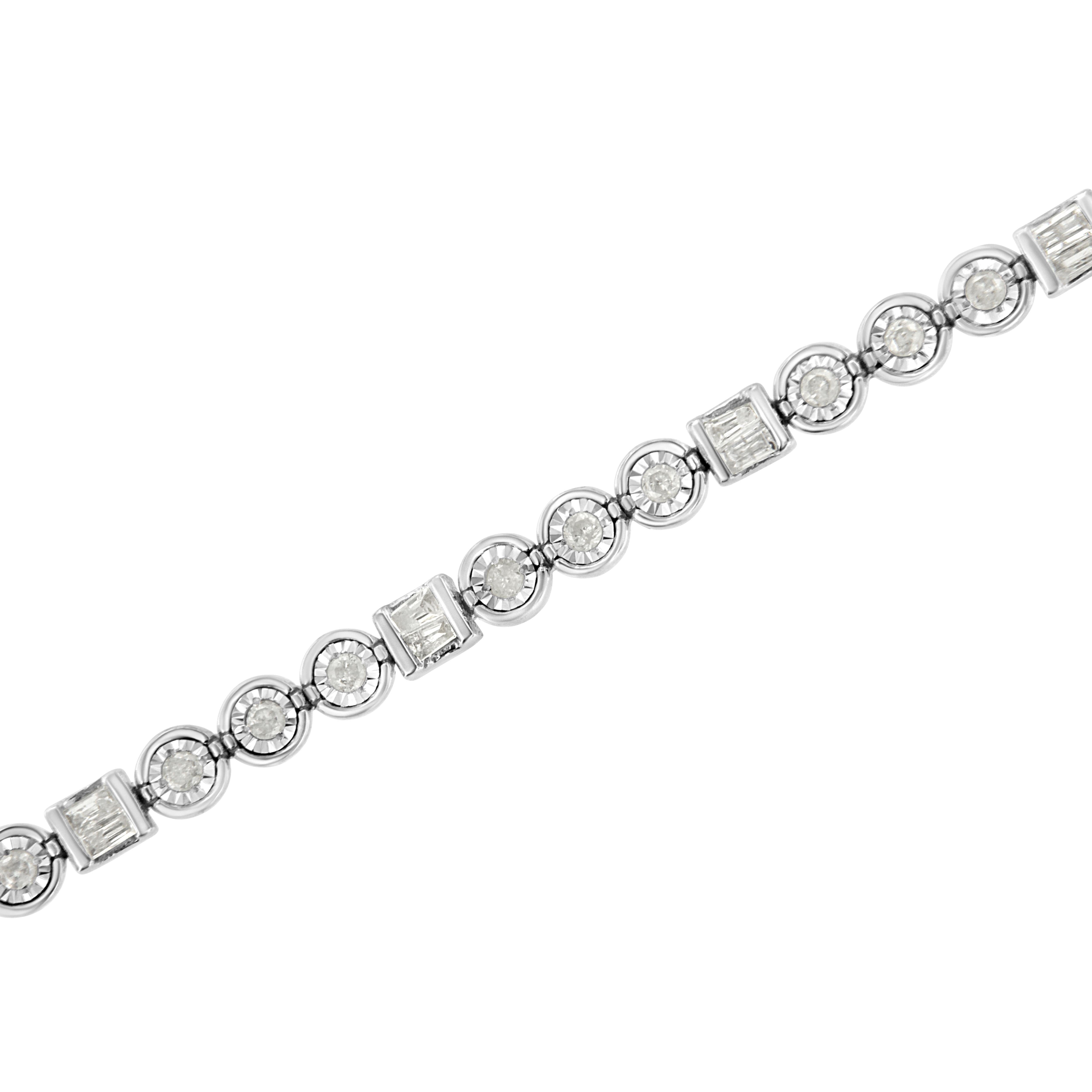 Round Cut .925 Sterling Silver 1.0 Carat Baguette & Miracle Round Diamond Link Bracelet For Sale