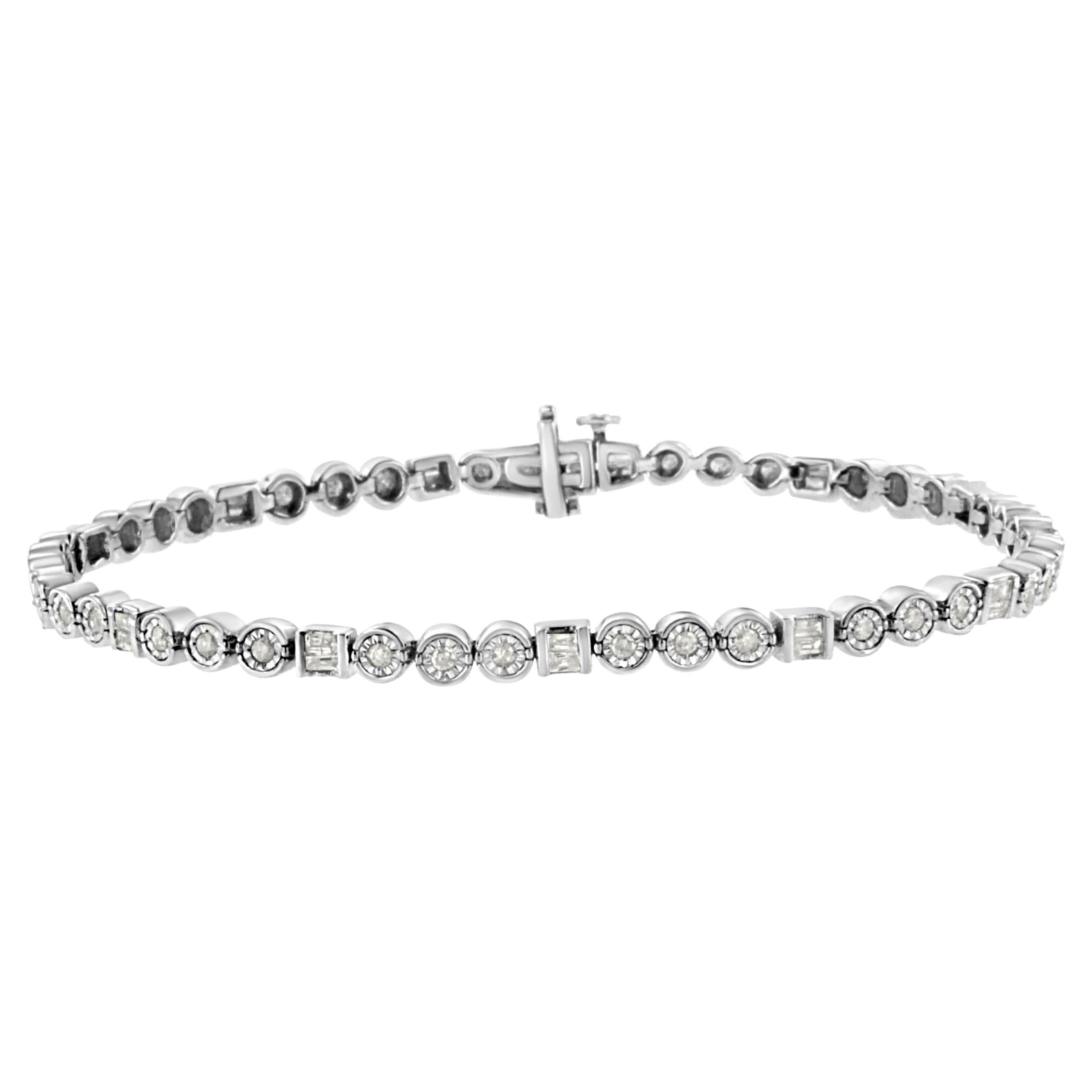 .925 Sterling Silver 1.0 Carat Baguette & Miracle Round Diamond Link Bracelet For Sale