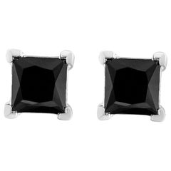 .925 Sterling Silver 1.0 Carat Black Diamond 4-Prong Classic Stud Earrings