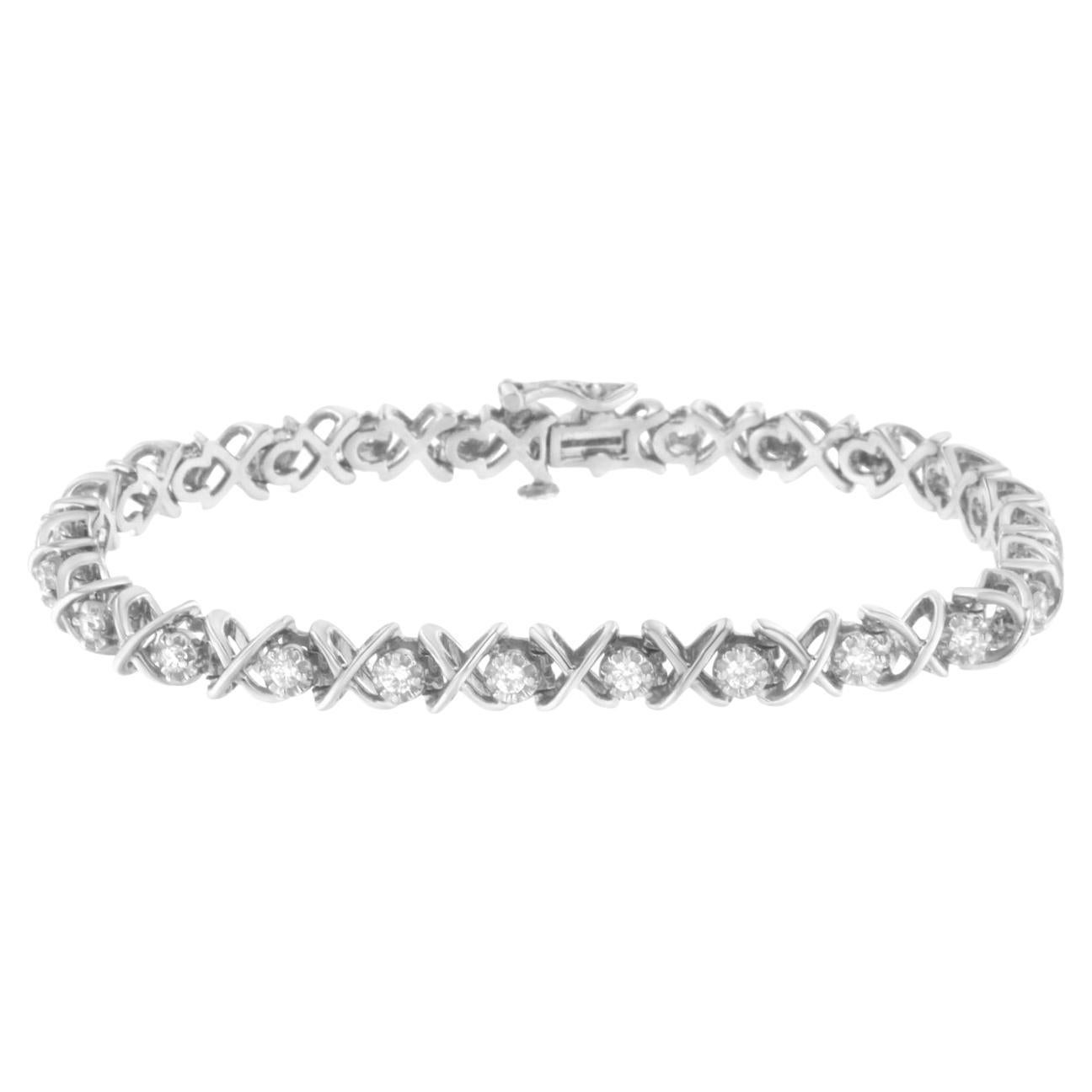 .925 Sterling Silver 1.0 Carat Brilliant Round-Cut Diamond "X" Link Bracelet For Sale