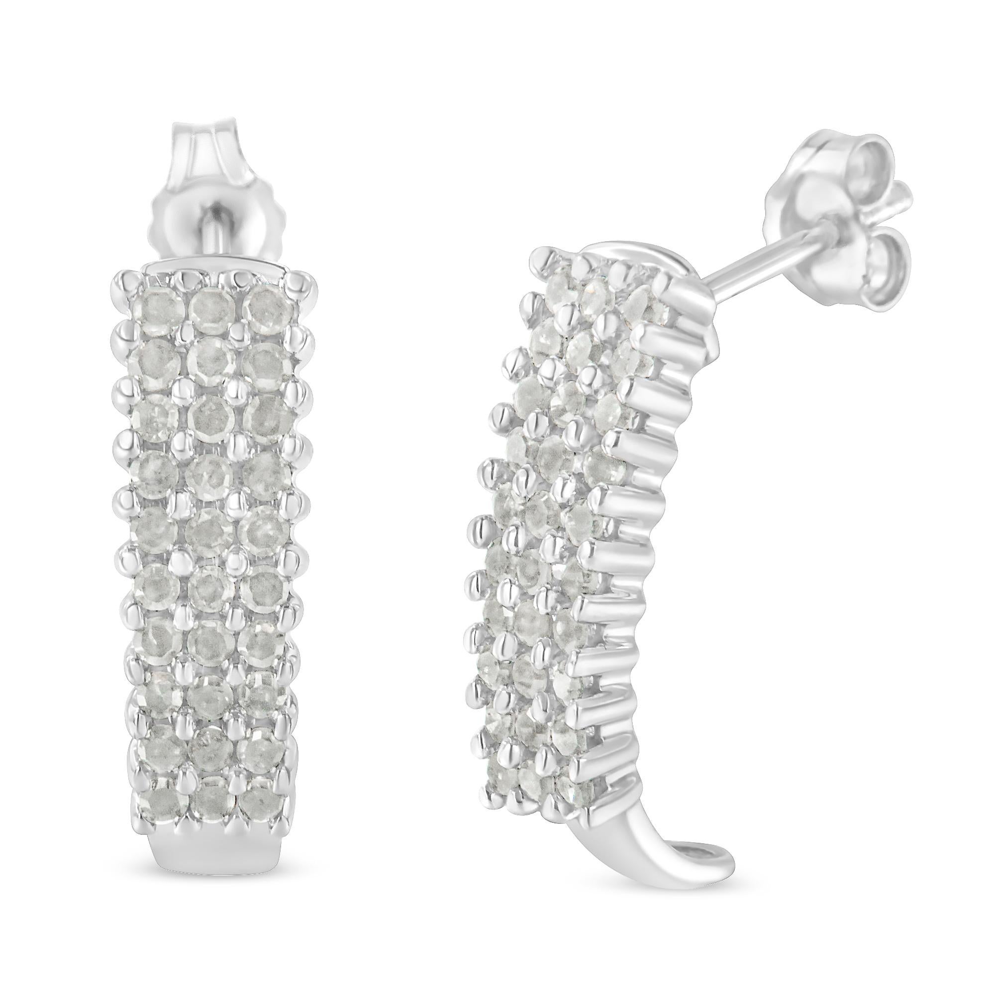 Contemporary .925 Sterling Silver 1.0 Carat Diamond 3 Row J Shape Hoop Earrings For Sale