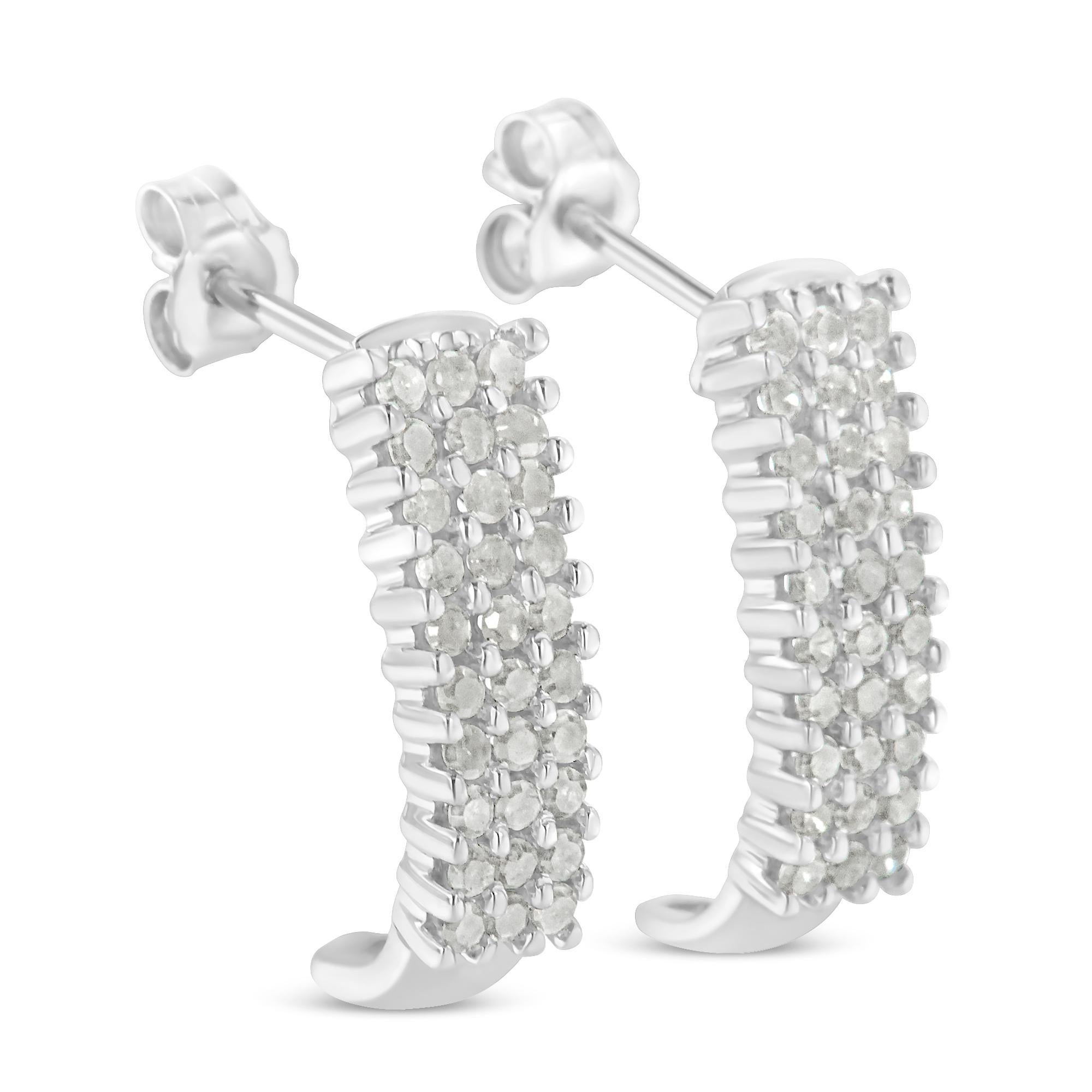Créoles en forme de J à 3 rangées de diamants 1,0 carat en argent sterling .925 Neuf - En vente à New York, NY