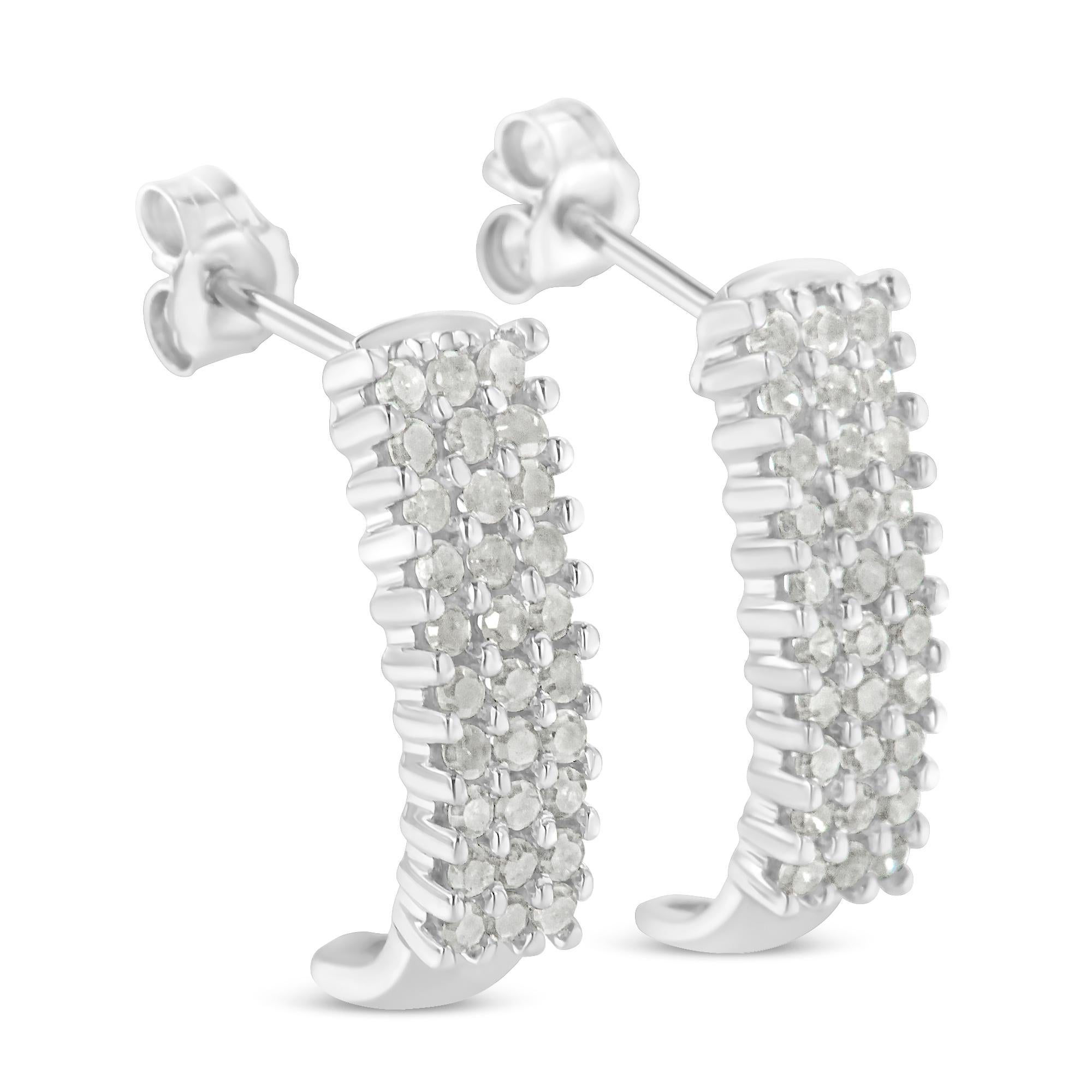 .925 Sterling Silver 1.0 Carat Diamond 3 Row J Shape Hoop Earrings In New Condition For Sale In New York, NY