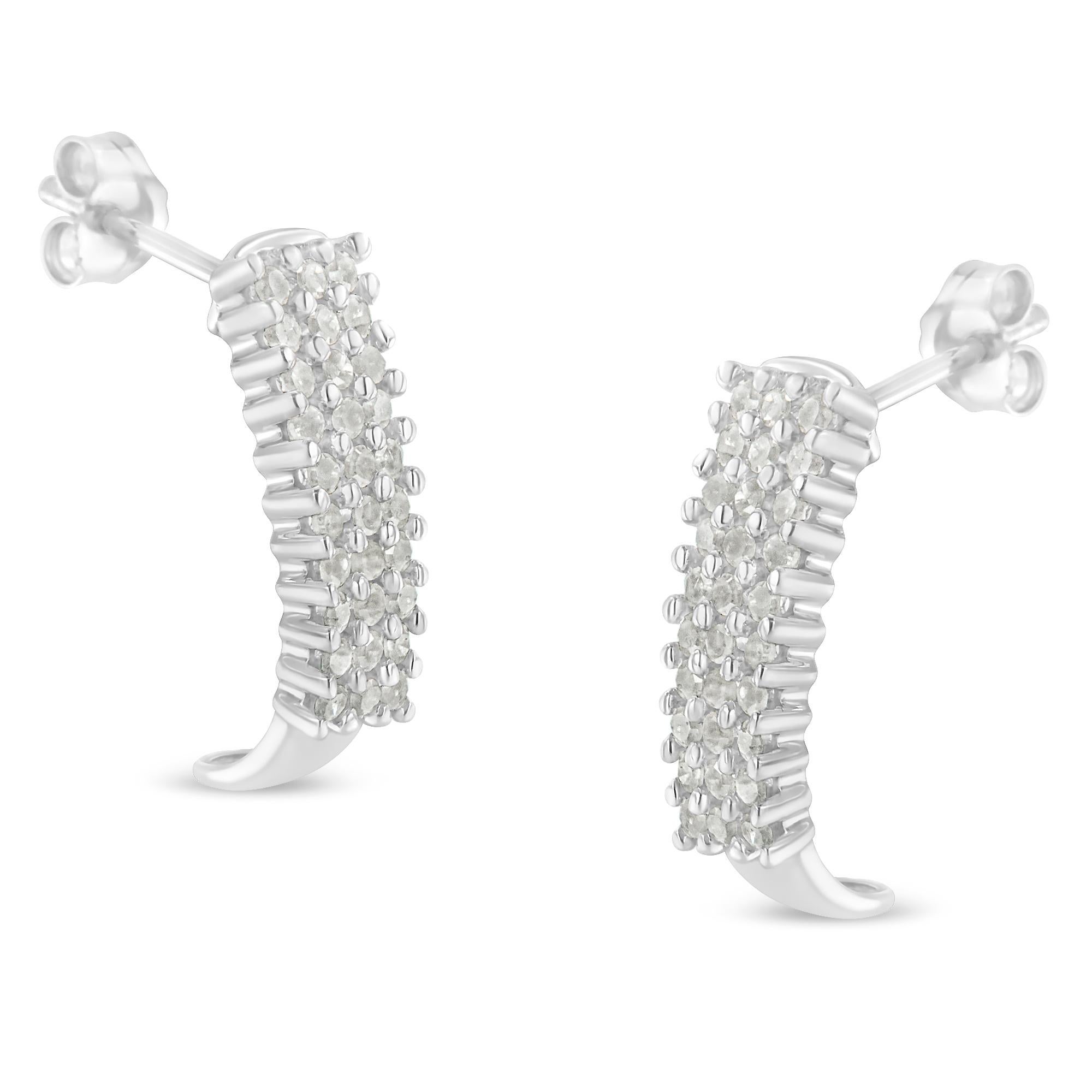 Women's .925 Sterling Silver 1.0 Carat Diamond 3 Row J Shape Hoop Earrings For Sale