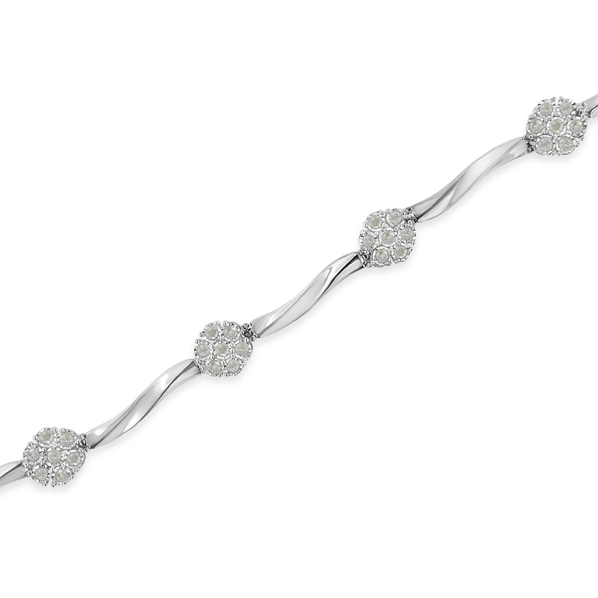 Contemporary .925 Sterling Silver 1.0 Carat Diamond 7 Stone Floral Cluster Link Bracelet For Sale