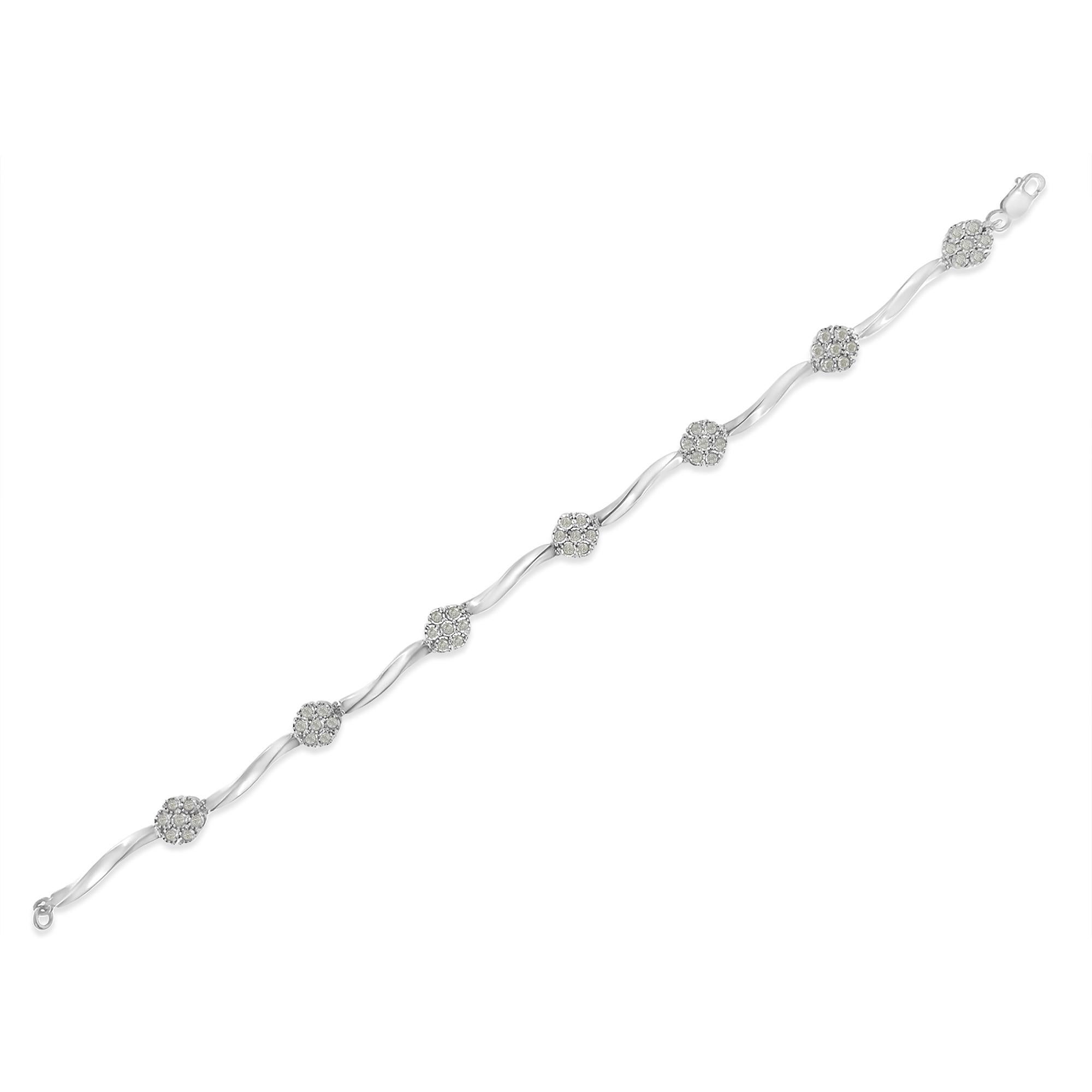 Round Cut .925 Sterling Silver 1.0 Carat Diamond 7 Stone Floral Cluster Link Bracelet For Sale