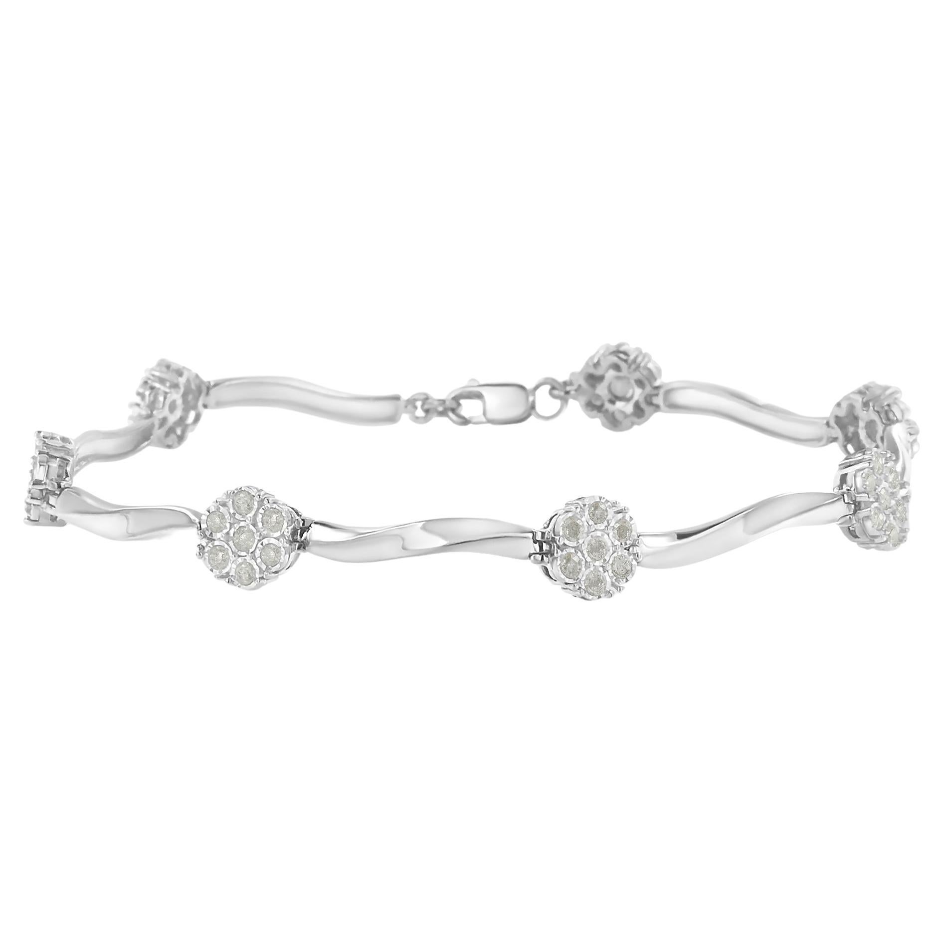 .925 Sterling Silver 1.0 Carat Diamond 7 Stone Floral Cluster Link Bracelet For Sale