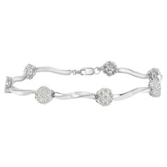 .925 Sterling Silver 1.0 Carat Diamond 7 Stone Floral Cluster Link Bracelet