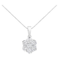 .925 Sterling Silver 1.0 Carat Diamond 7 Stone Flower Cluster Pendant Necklace