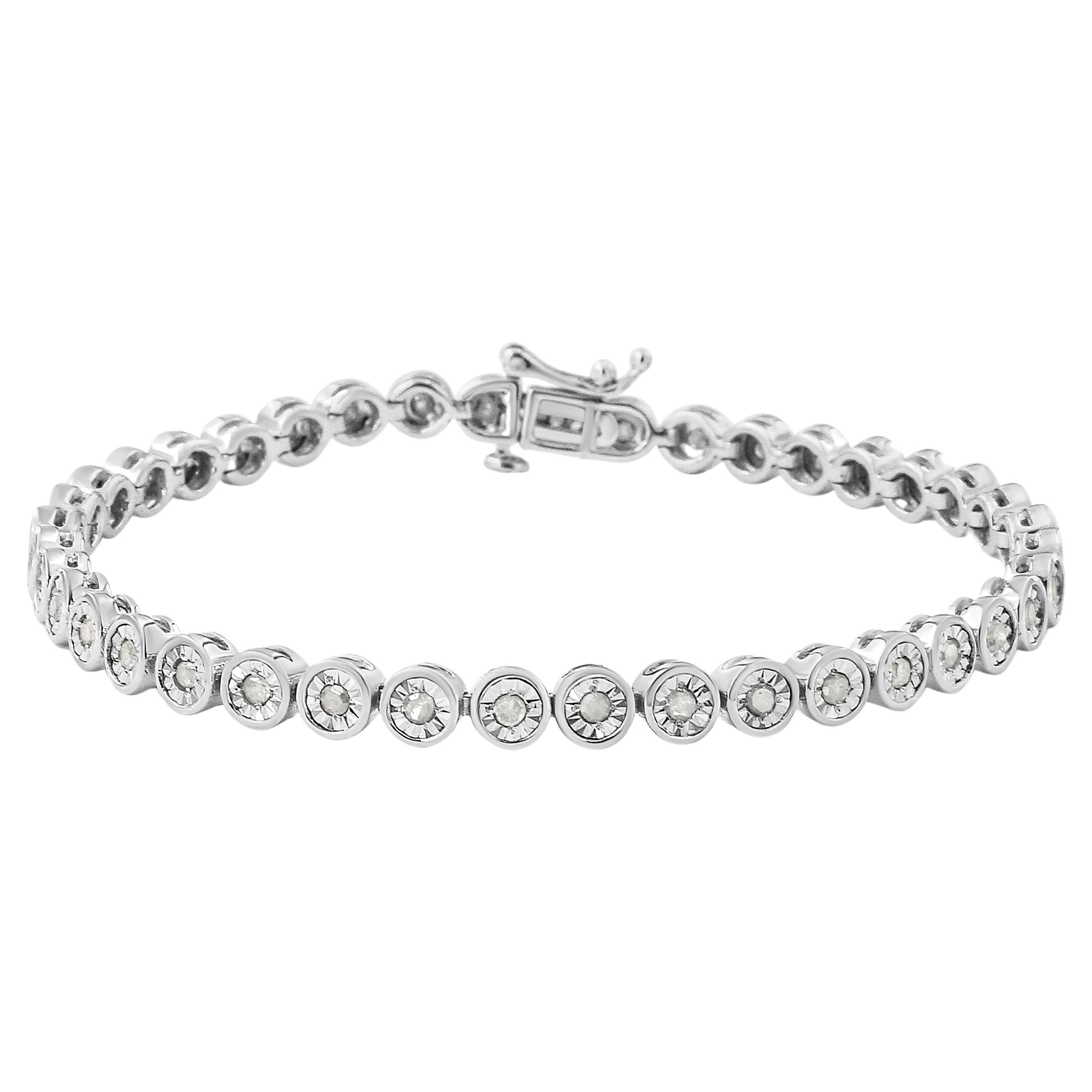 .925 Sterling Silver 1.0 Carat Diamond Bezel Link Design Tennis Bracelet en vente