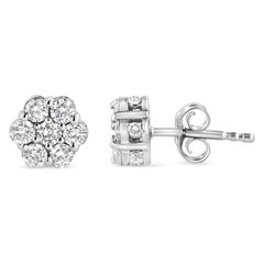 .925 Sterling Silver 1.0 Carat Diamond Cluster 7 Stone Floral Stud Earrings