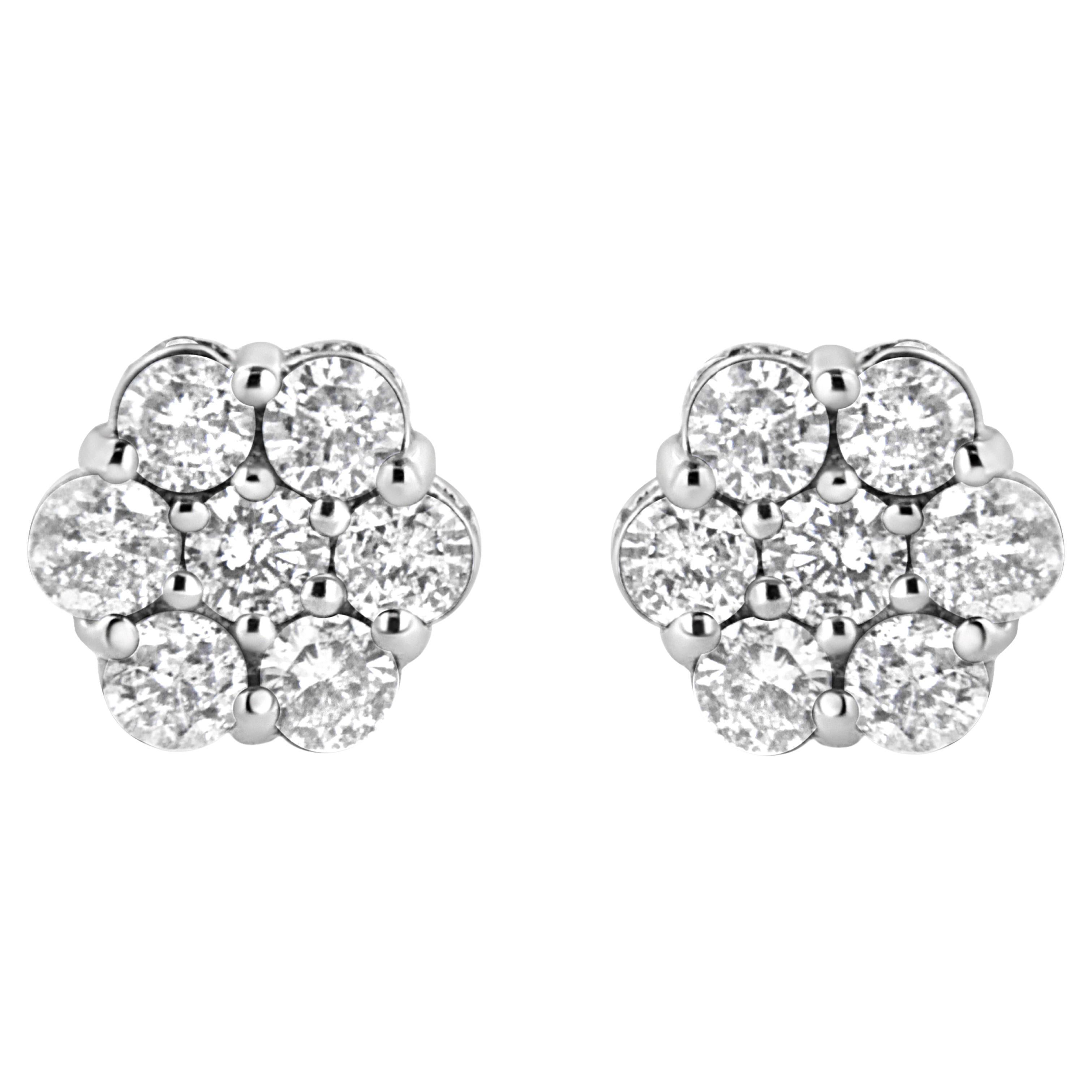 .925 Sterling Silver 1.0 Carat Diamond Cluster 7 Stone Floral Stud Earrings For Sale
