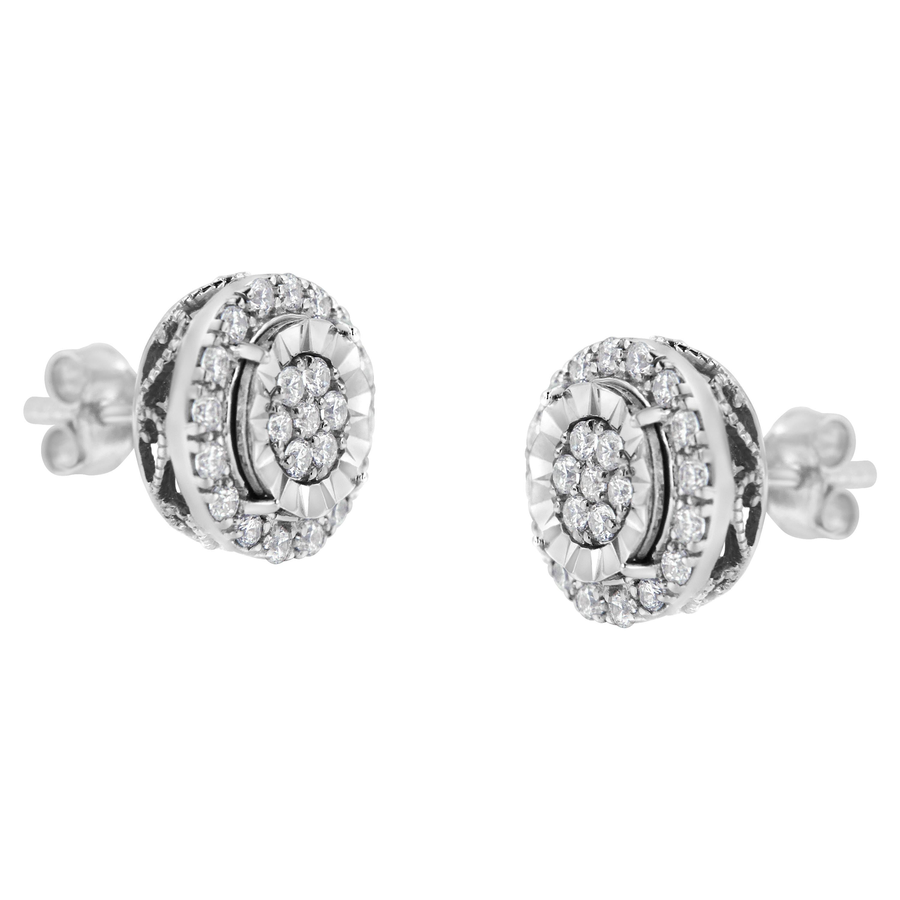 Round Cut .925 Sterling Silver 1.0 Carat Diamond Cluster Earrings For Sale