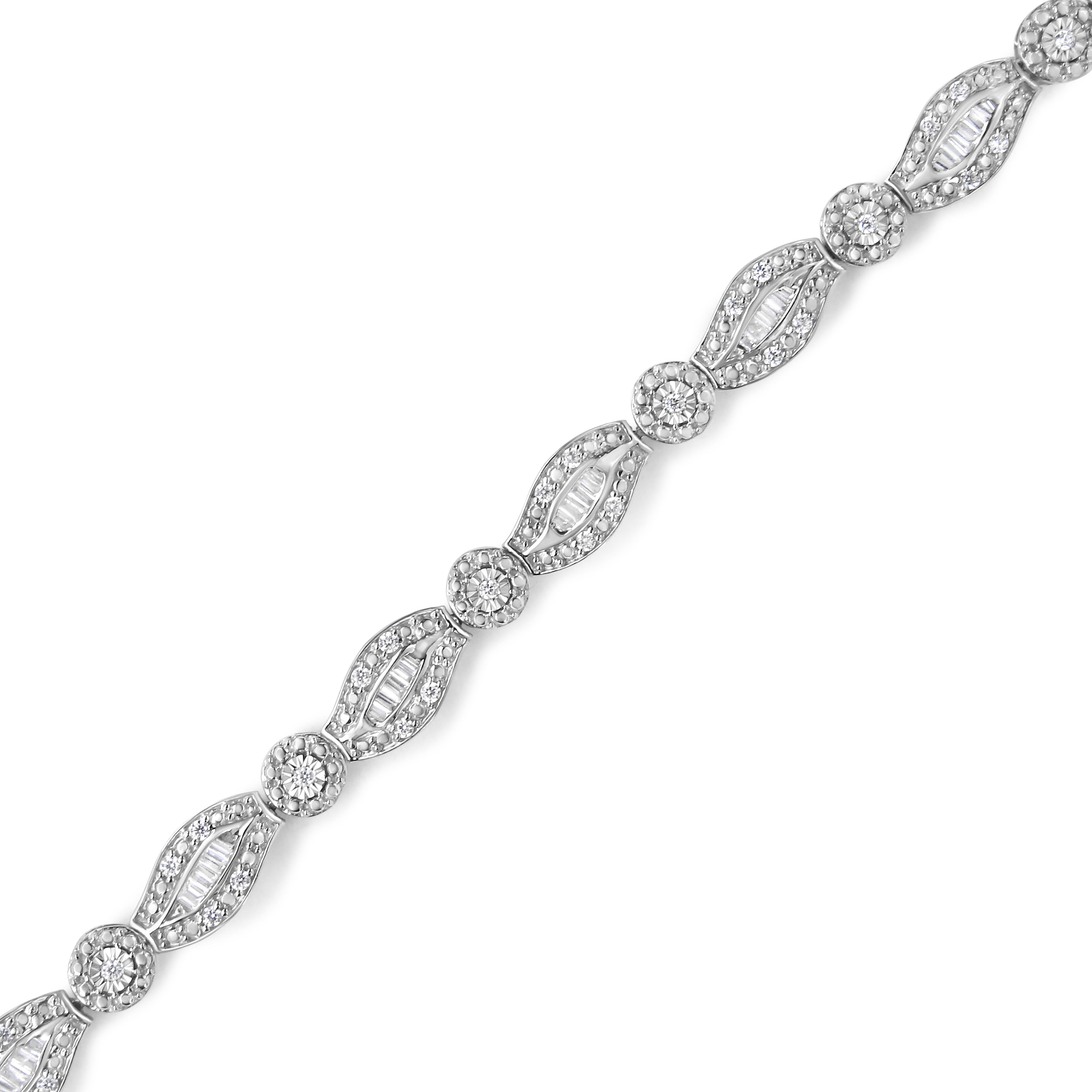 Add a little sparkle to your outfit with this lovely sterling silver link bracelet that features 1 ct TDW of diamonds. A round cut diamond sits in the middle of a beaded silver halo and serves as on of the links that alternates throughout the