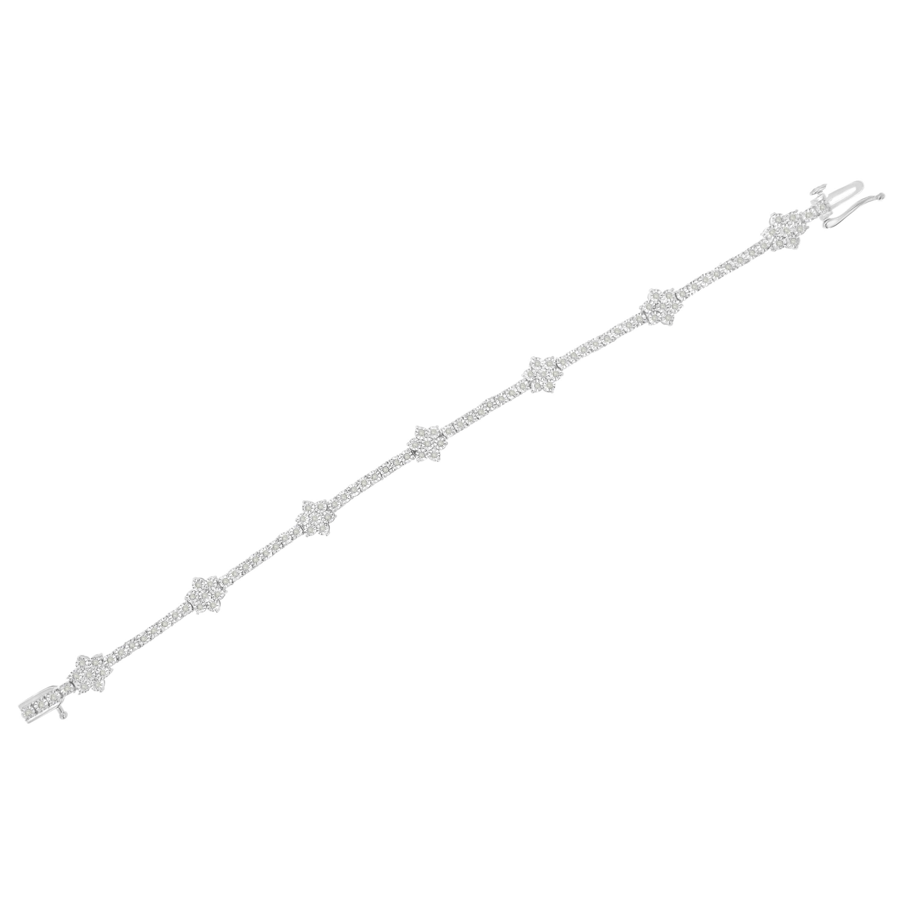 Taille ronde Bracelet tennis station à fleurs en argent sterling avec diamants 1,0 carat de .925 en vente