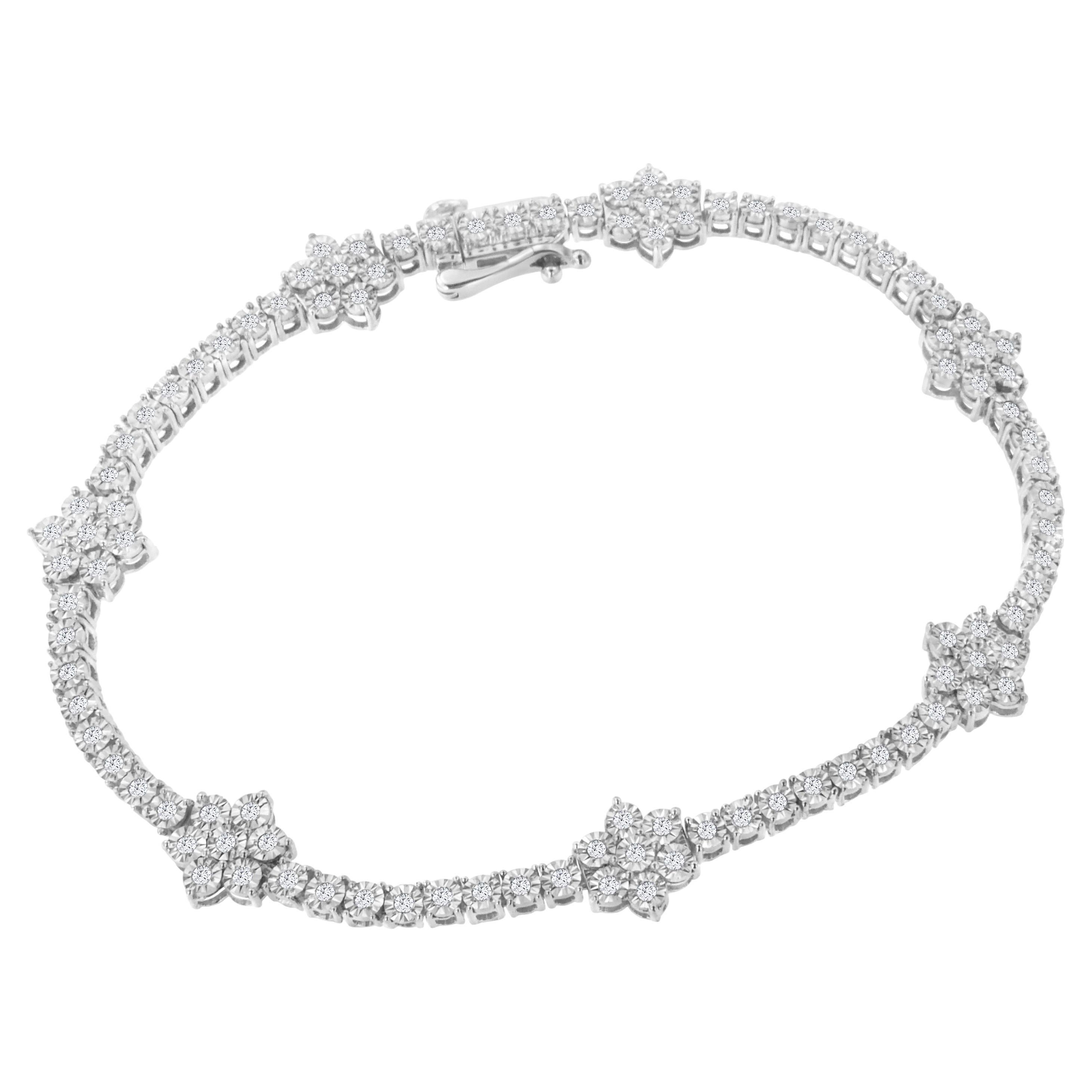 .925 Sterling Silver 1.0 Carat Diamond Floral Station Tennis Bracelet For Sale