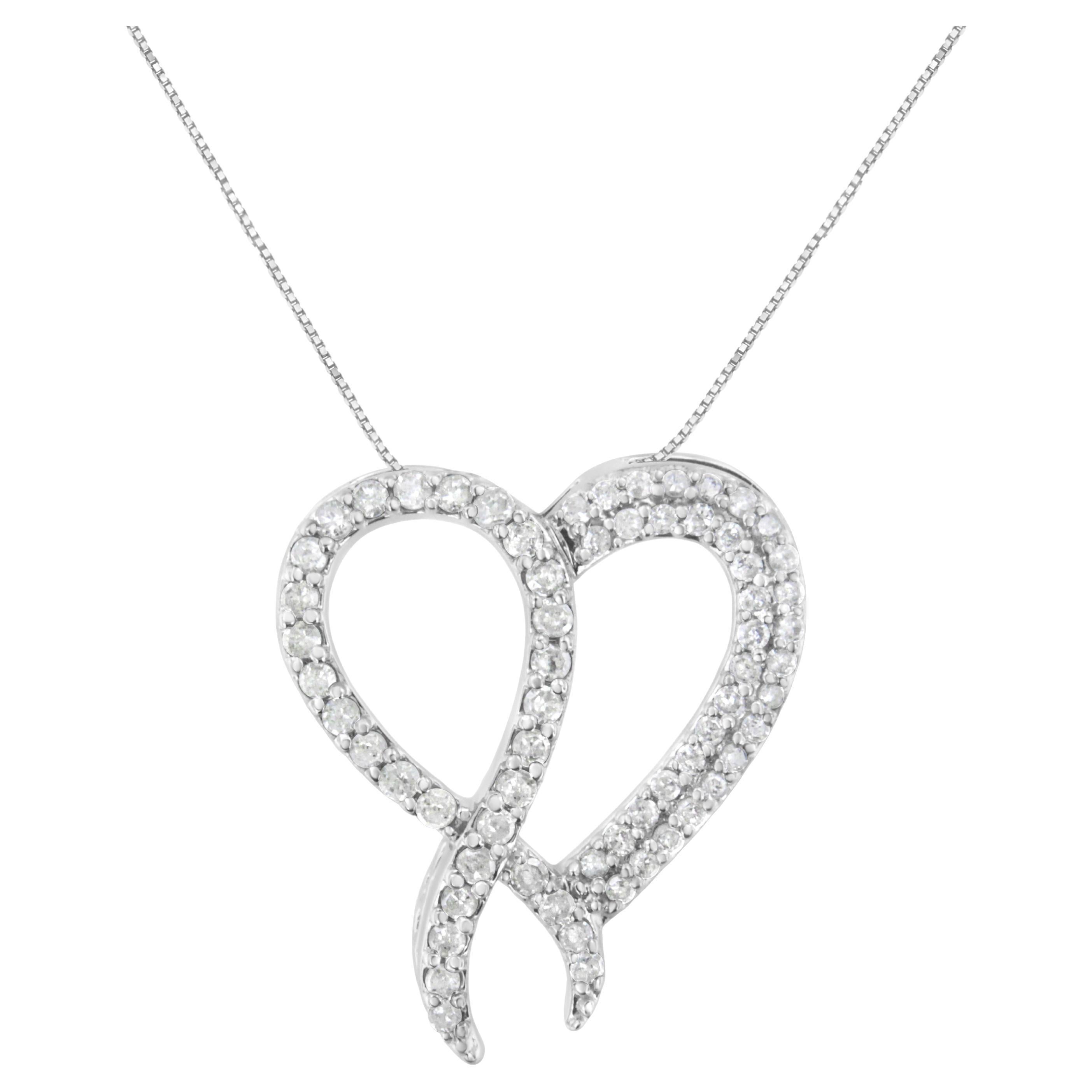 .925 Sterling Silver 1.0 Carat Diamond Heart and Ribbon Pendant Necklace For Sale