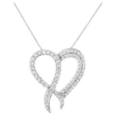 .925 Sterling Silver 1.0 Carat Diamond Heart and Ribbon Pendant Necklace