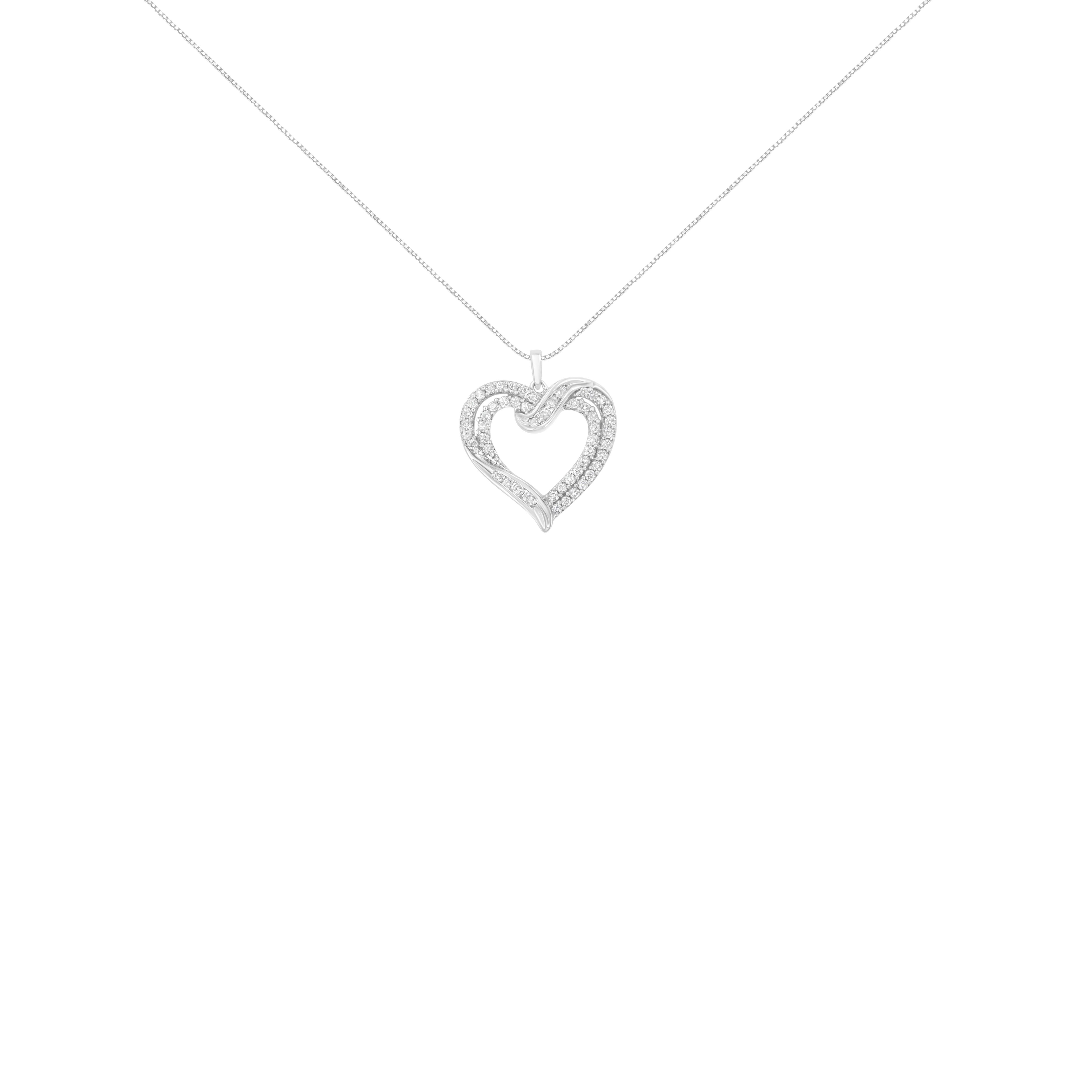 Delicate and elegant, this sterling silver heart pendant features 1.00 cttw of diamonds. Cool sterling silver ribbons studded with glittering round cut diamonds intertwine and create a flowing double heart cutout. The metal is genuine .925 sterling