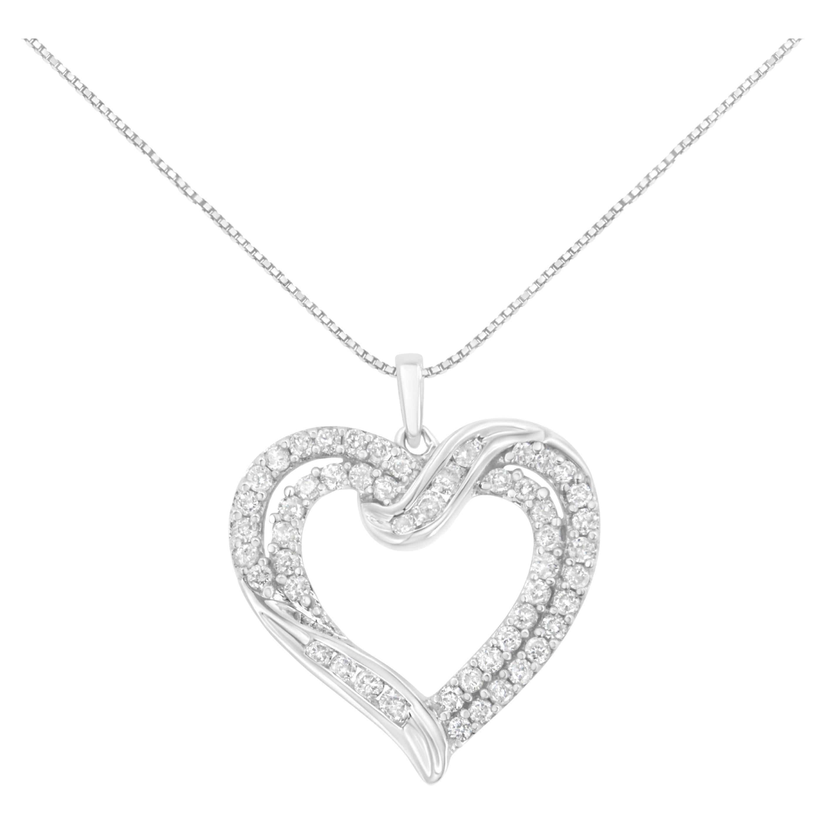 .925 Sterling Silver 1.0 Carat Diamond Interwoven Double Heart Pendant Necklace For Sale