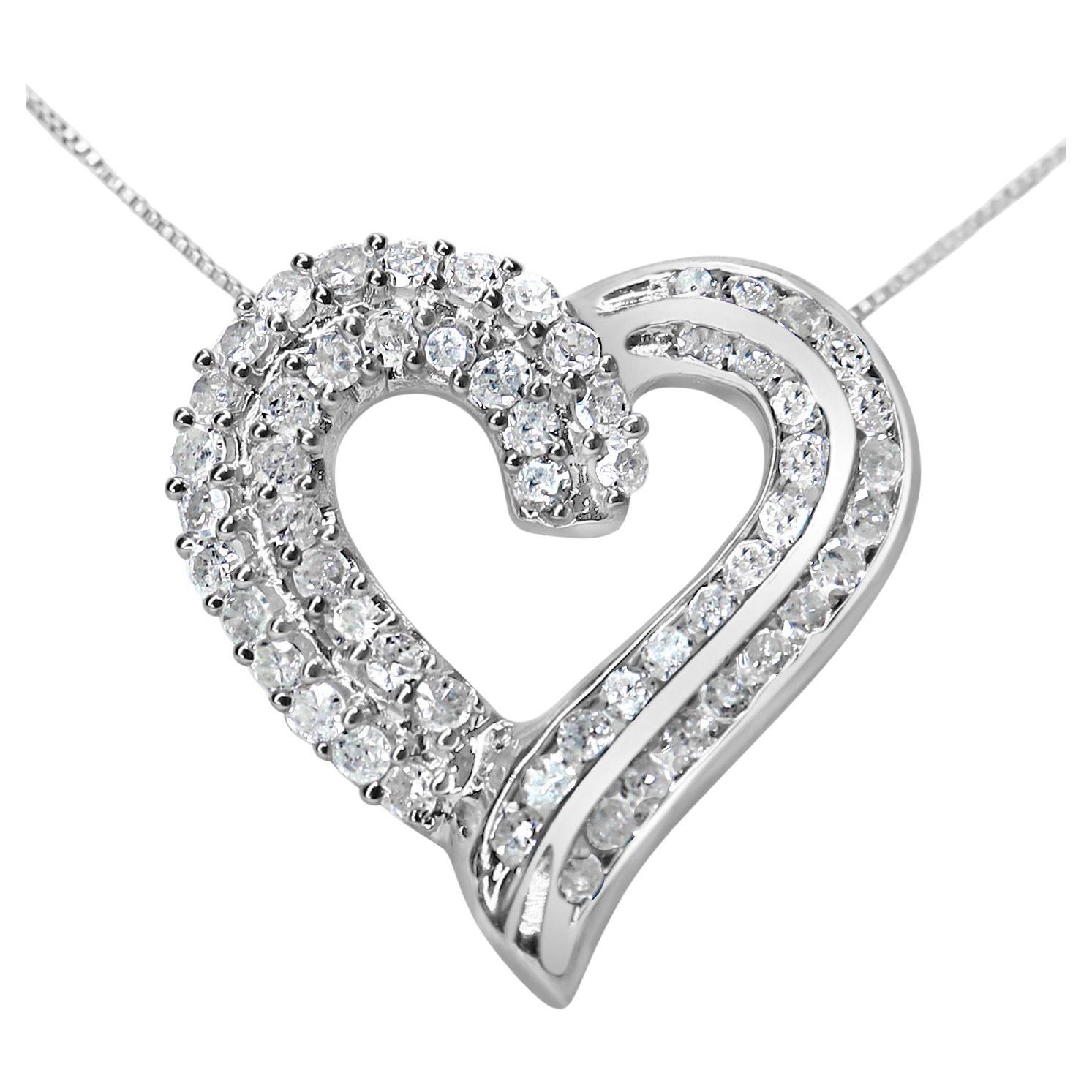 .925 Sterling Silver 1.0 Carat Diamond Open Work Ribbon Heart Pendant Necklace