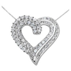 .925 Sterling Silver 1.0 Carat Diamond Open Work Ribbon Heart Pendant Necklace