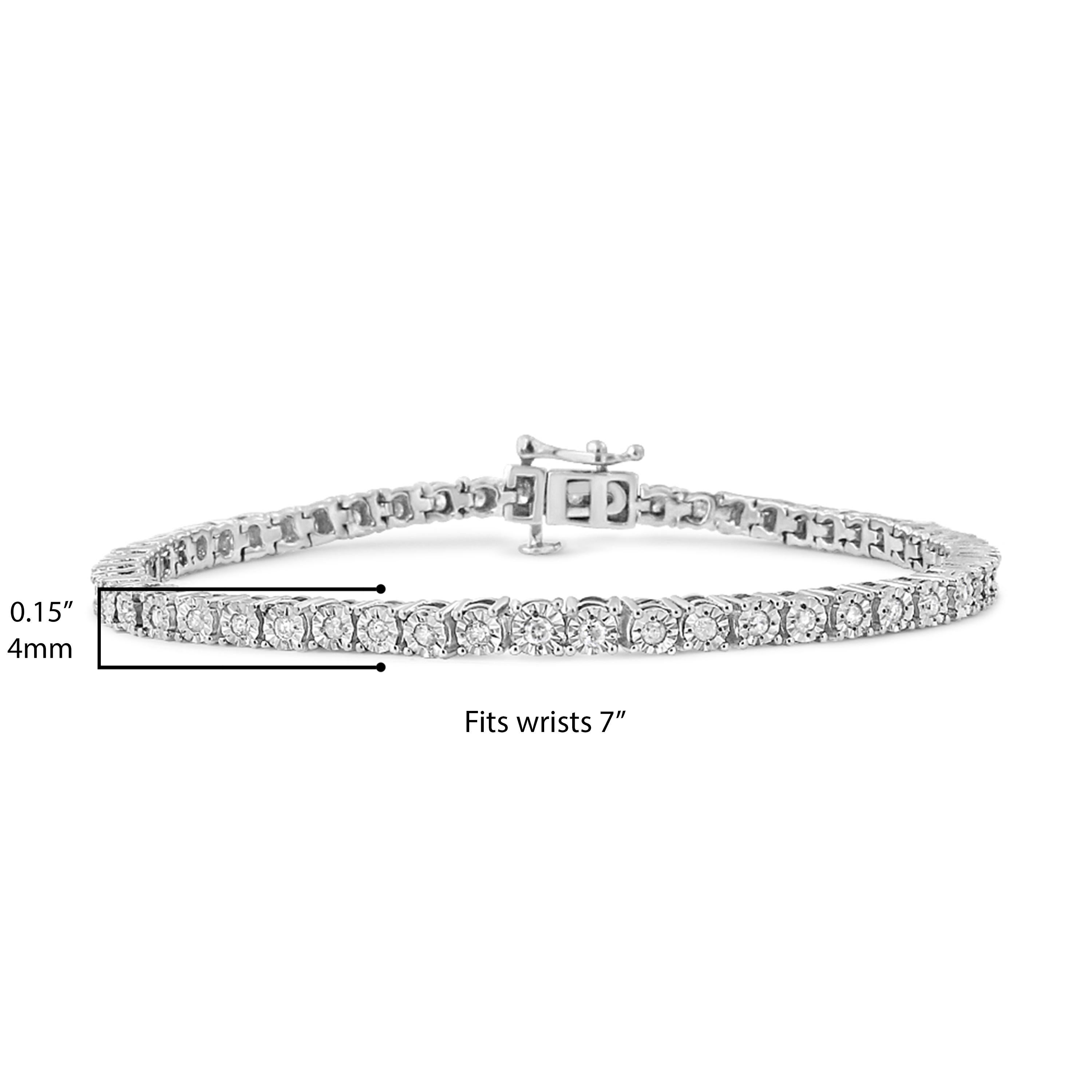 .925 Sterling Silver 1.0 Carat Diamond Round Faceted Bezel Tennis Bracelet For Sale 1