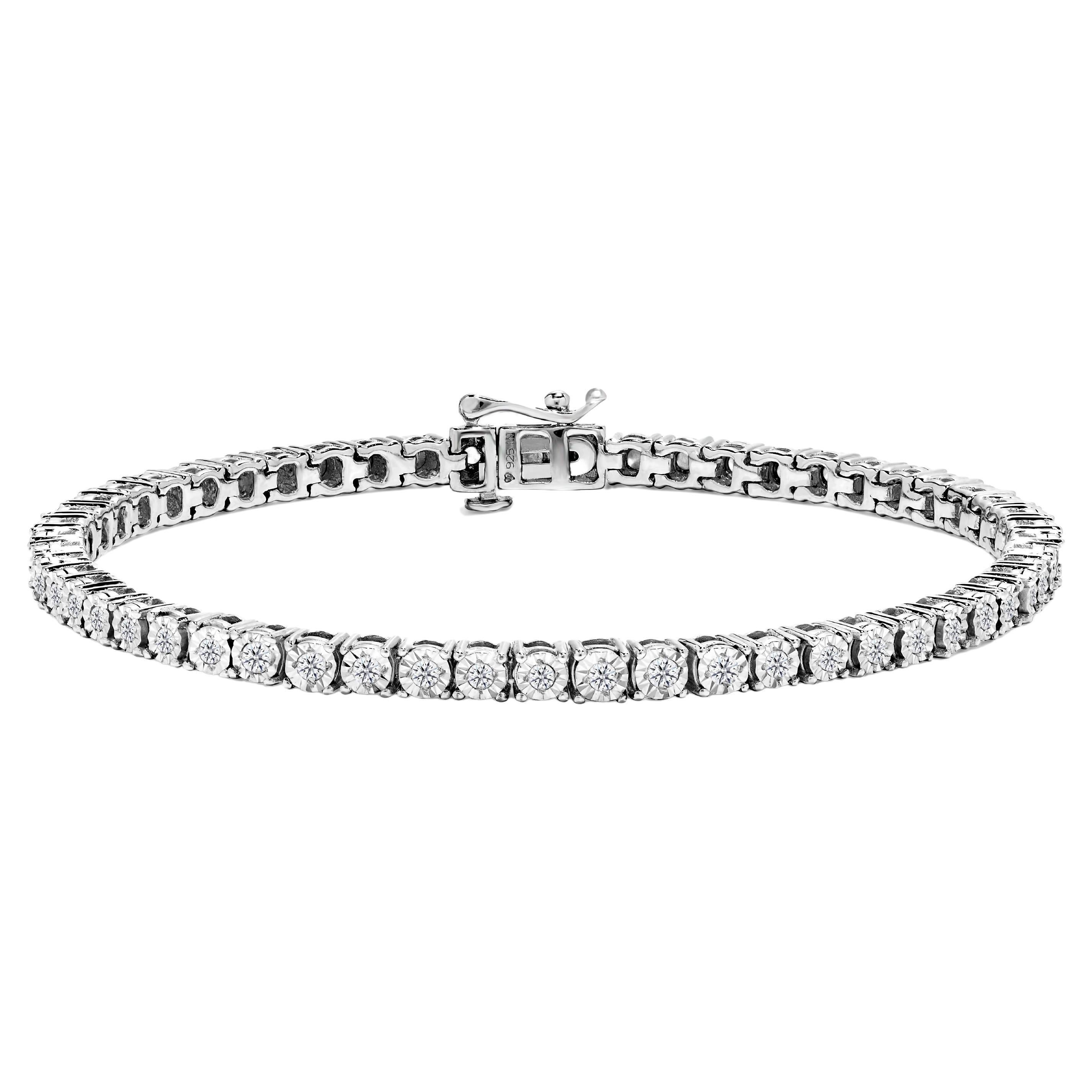 .925 Sterling Silver 1.0 Carat Diamond Round Faceted Bezel Tennis Bracelet For Sale