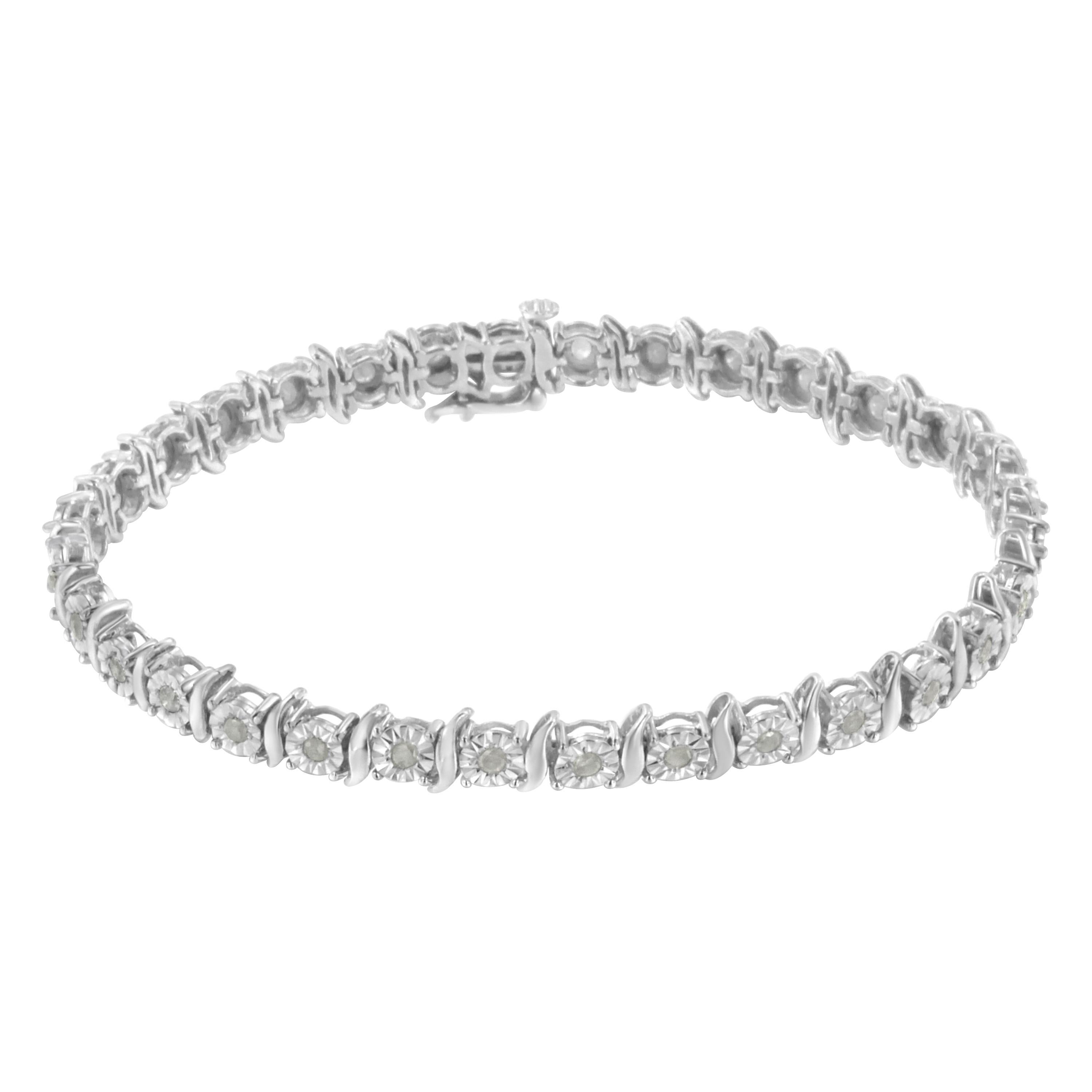 Feminine yet glamorous, this bracelet shines! The curvy settings spiral around each beautiful rose cut diamond for a unique and elegant gift she'll remember forever. In your choice of polished sterling silver setting plated with tarnish-free