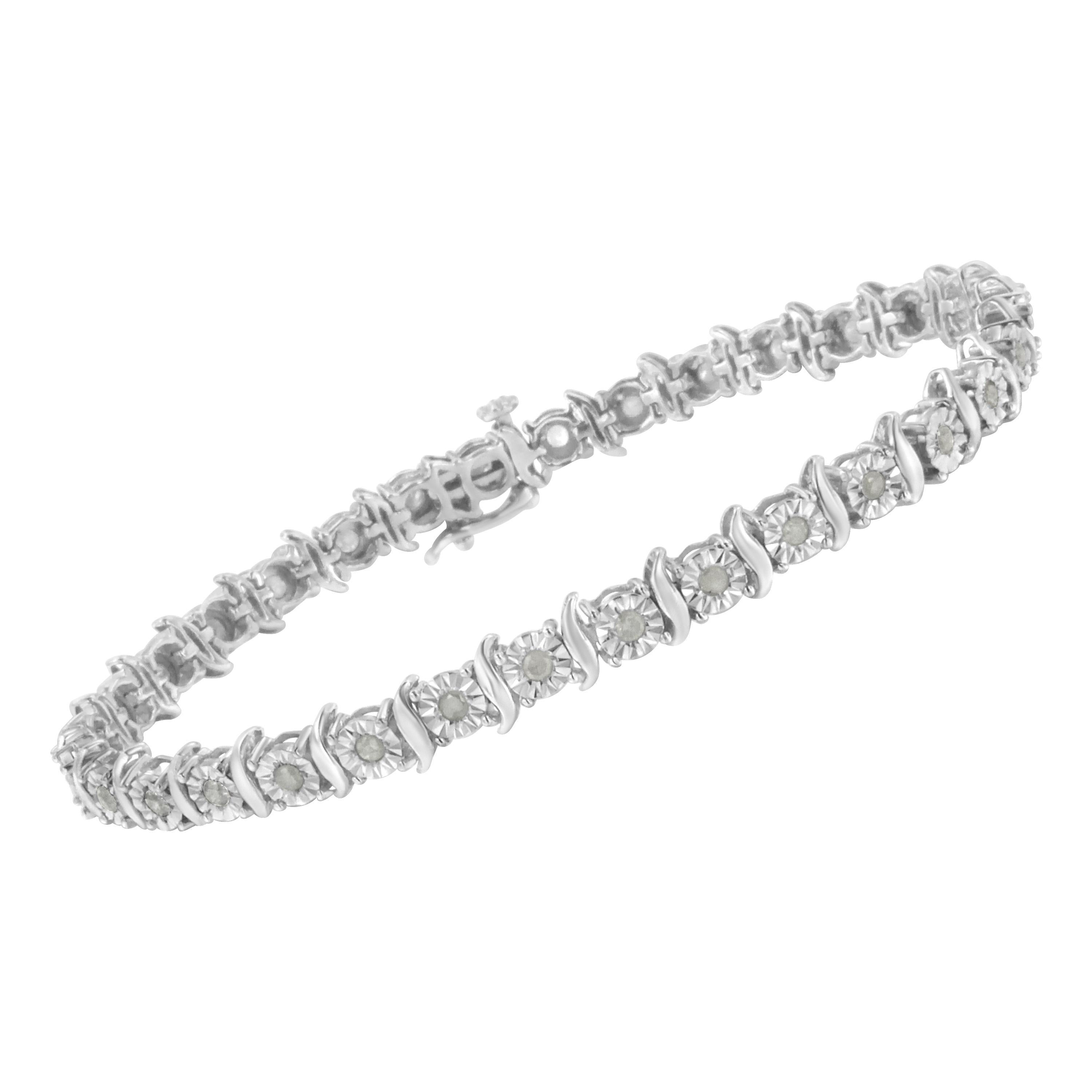 Modern .925 Sterling Silver 1.0 Carat Diamond S-Curve Link Miracle-Set Tennis Bracelet For Sale