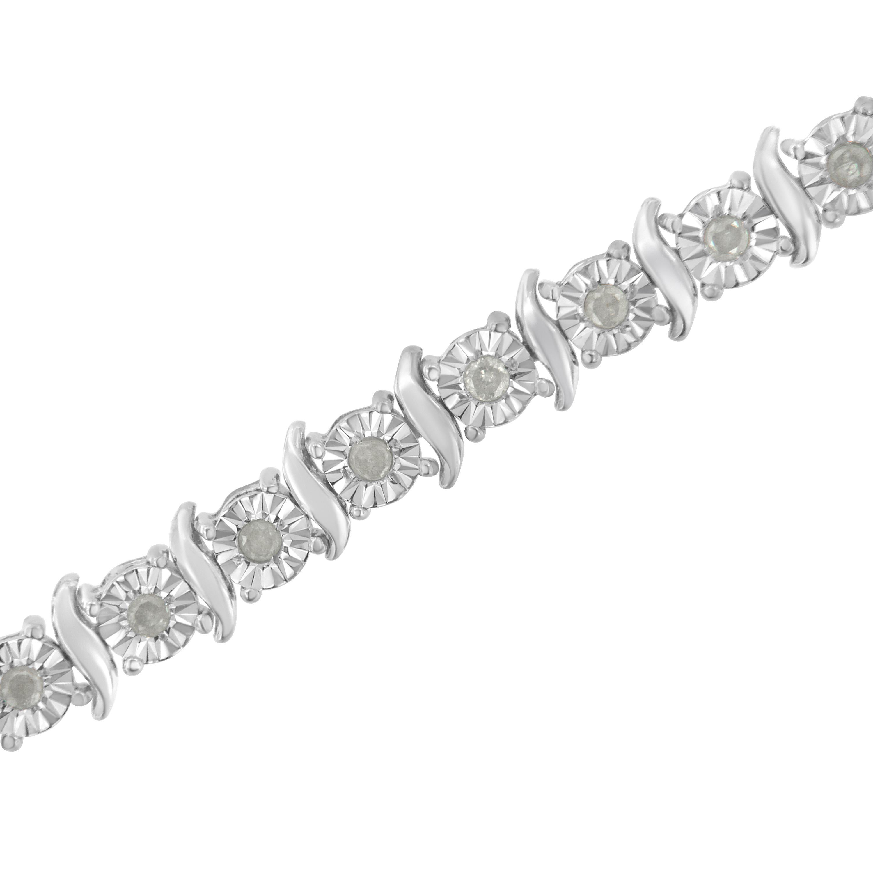 Round Cut .925 Sterling Silver 1.0 Carat Diamond S-Curve Link Miracle-Set Tennis Bracelet For Sale