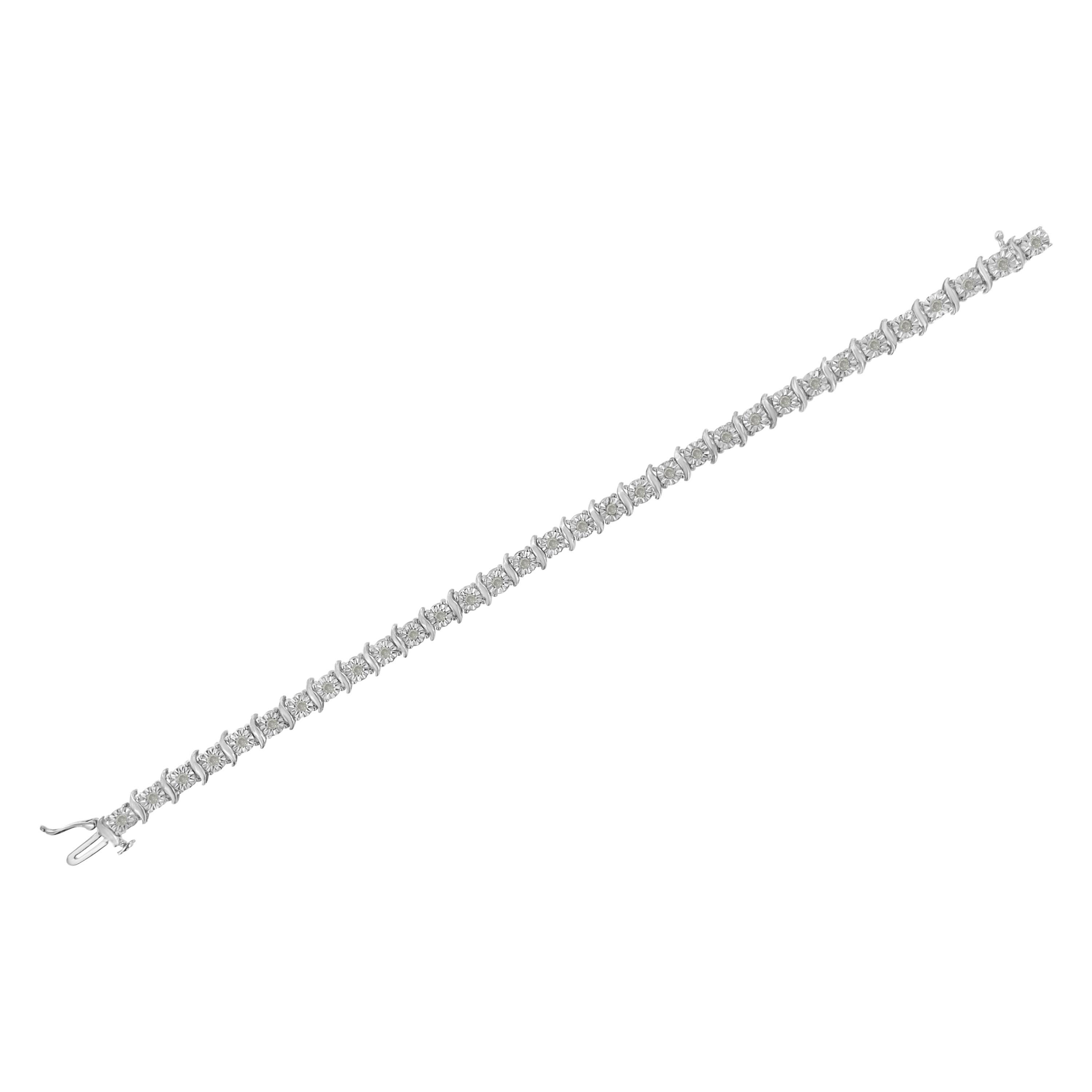 .925 Sterling Silver 1.0 Carat Diamond S-Curve Link Miracle-Set Tennis Bracelet In New Condition For Sale In New York, NY
