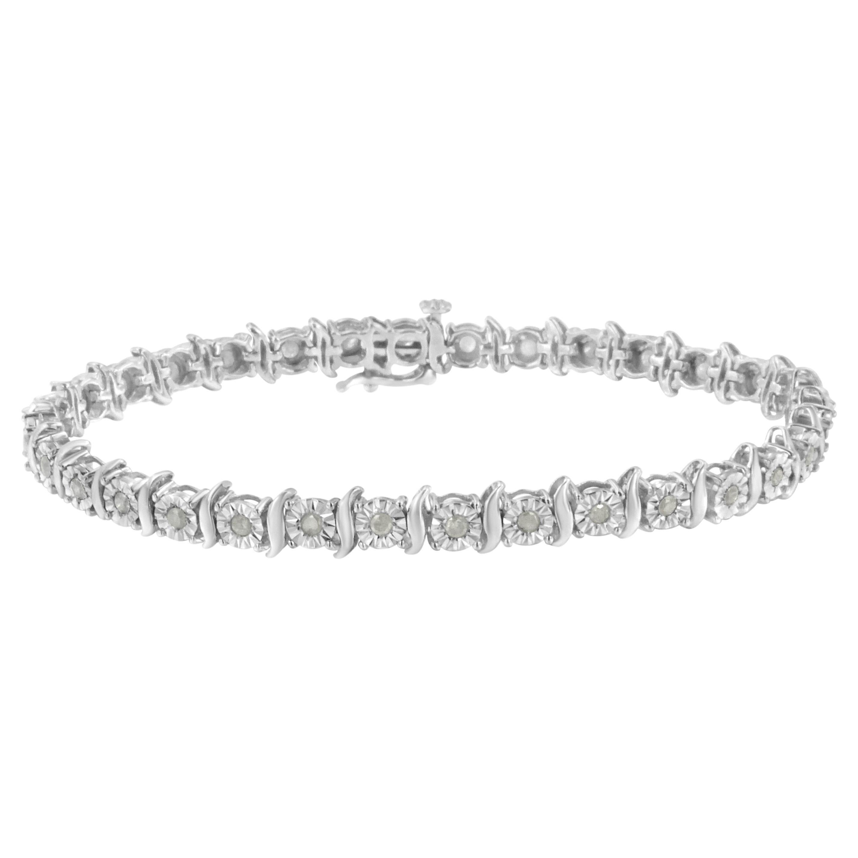 .925 Sterling Silver 1.0 Carat Diamond S-Curve Link Miracle-Set Tennis Bracelet For Sale