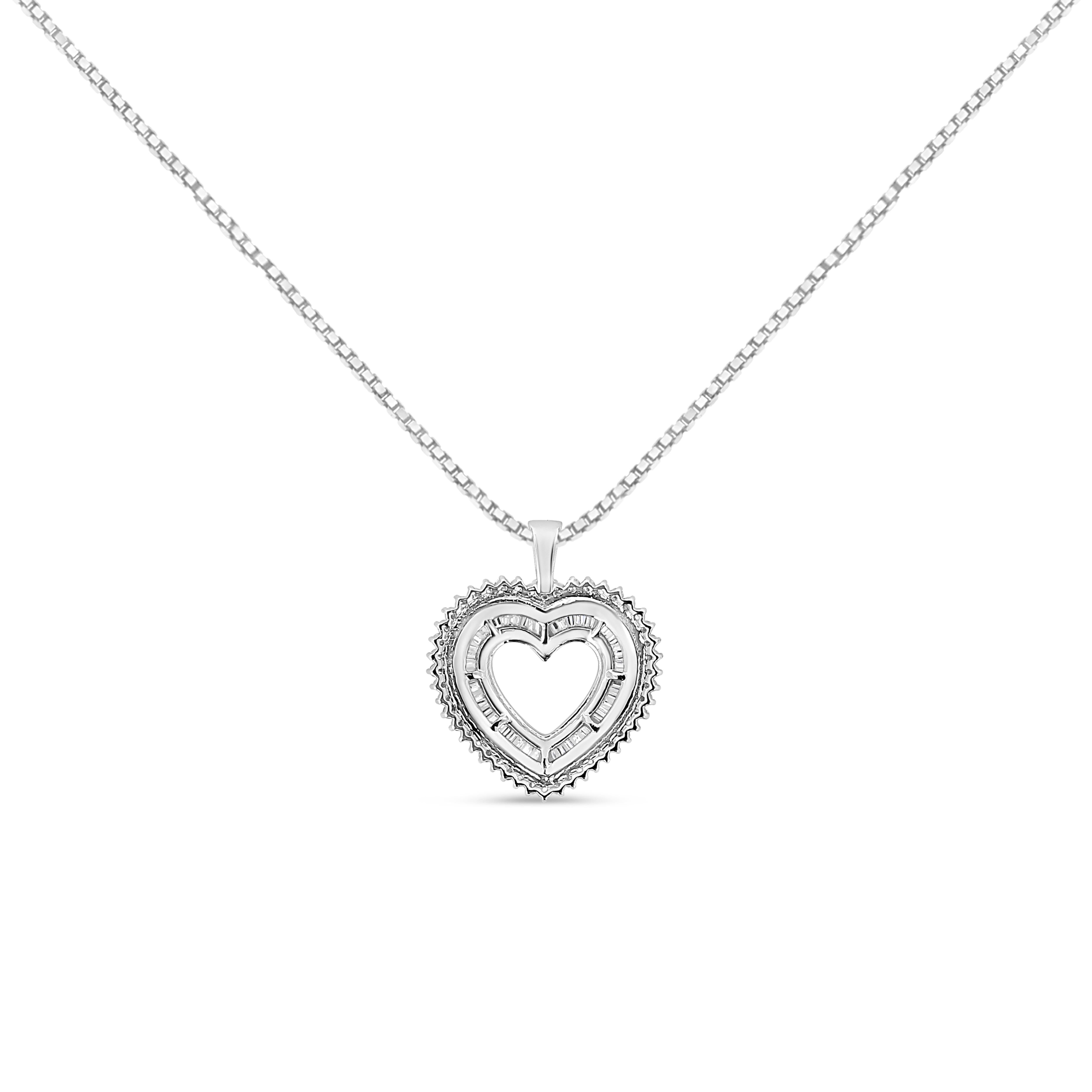 Surprise the one you love the most with this stunning diamond heart pendant. Fashioned from cool weaves of genuine sterling silver, this marvelous style showcases a heart-shaped outline shimmering with tapered baguette-cut diamonds between polished