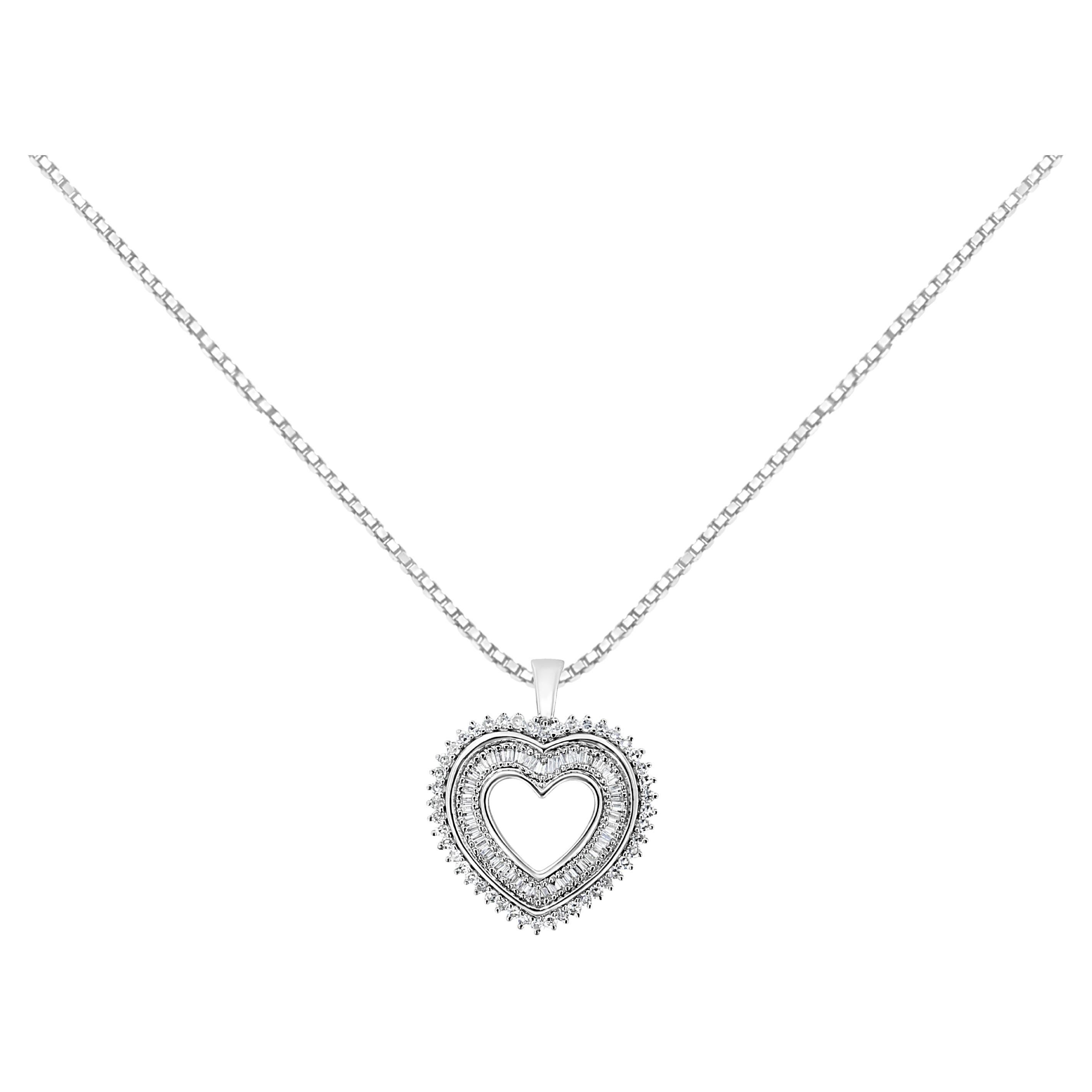 .925 Sterling Silver 1.0 Carat Diamond Shadow Open Heart Halo Pendant Necklace For Sale