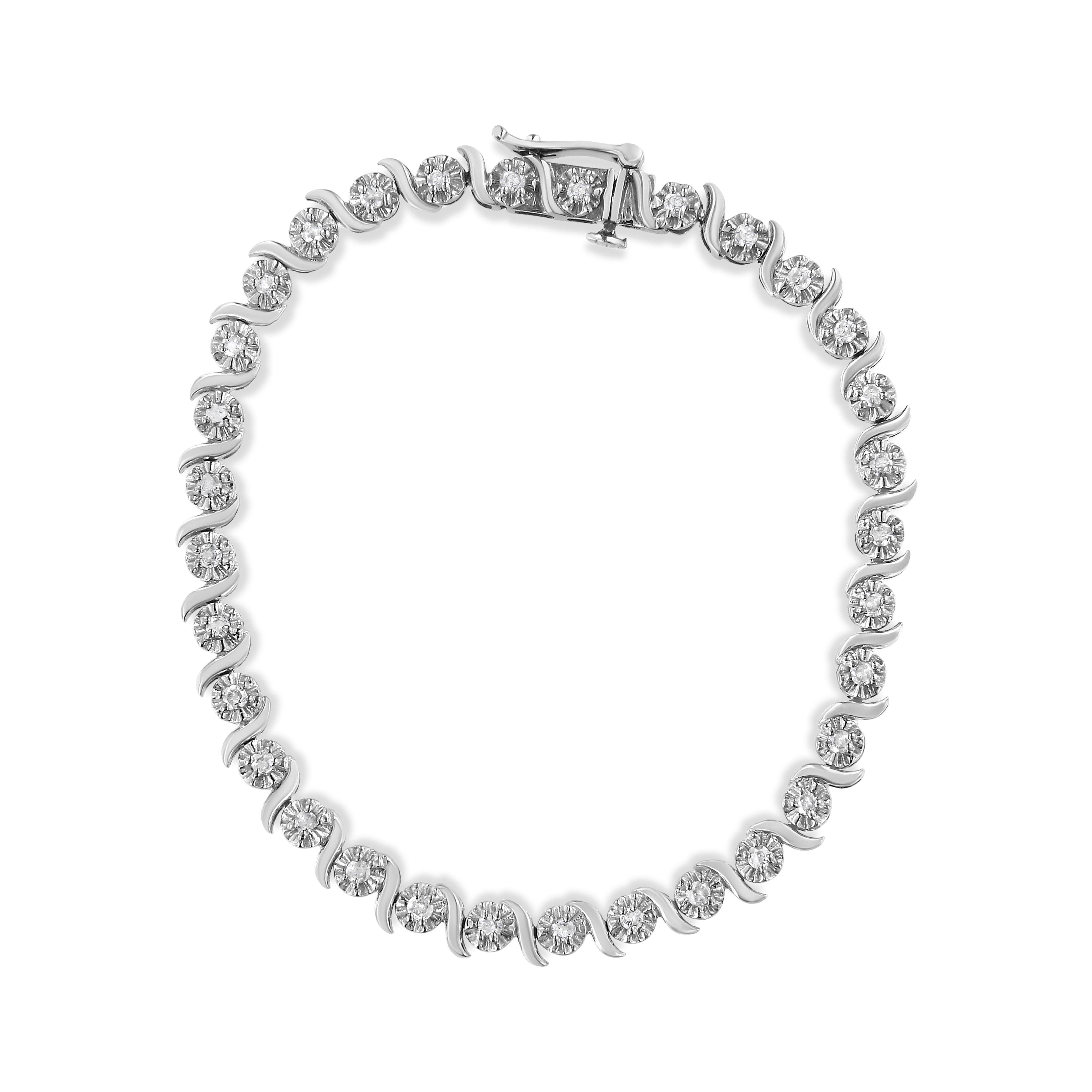 Feminine yet glamorous, this bracelet shines in a polished sterling silver setting, which spirals around each beautiful rose cut diamond for a unique and elegant gift she'll remember forever. Rose-cut, promo quality diamonds are milky and cloudy in