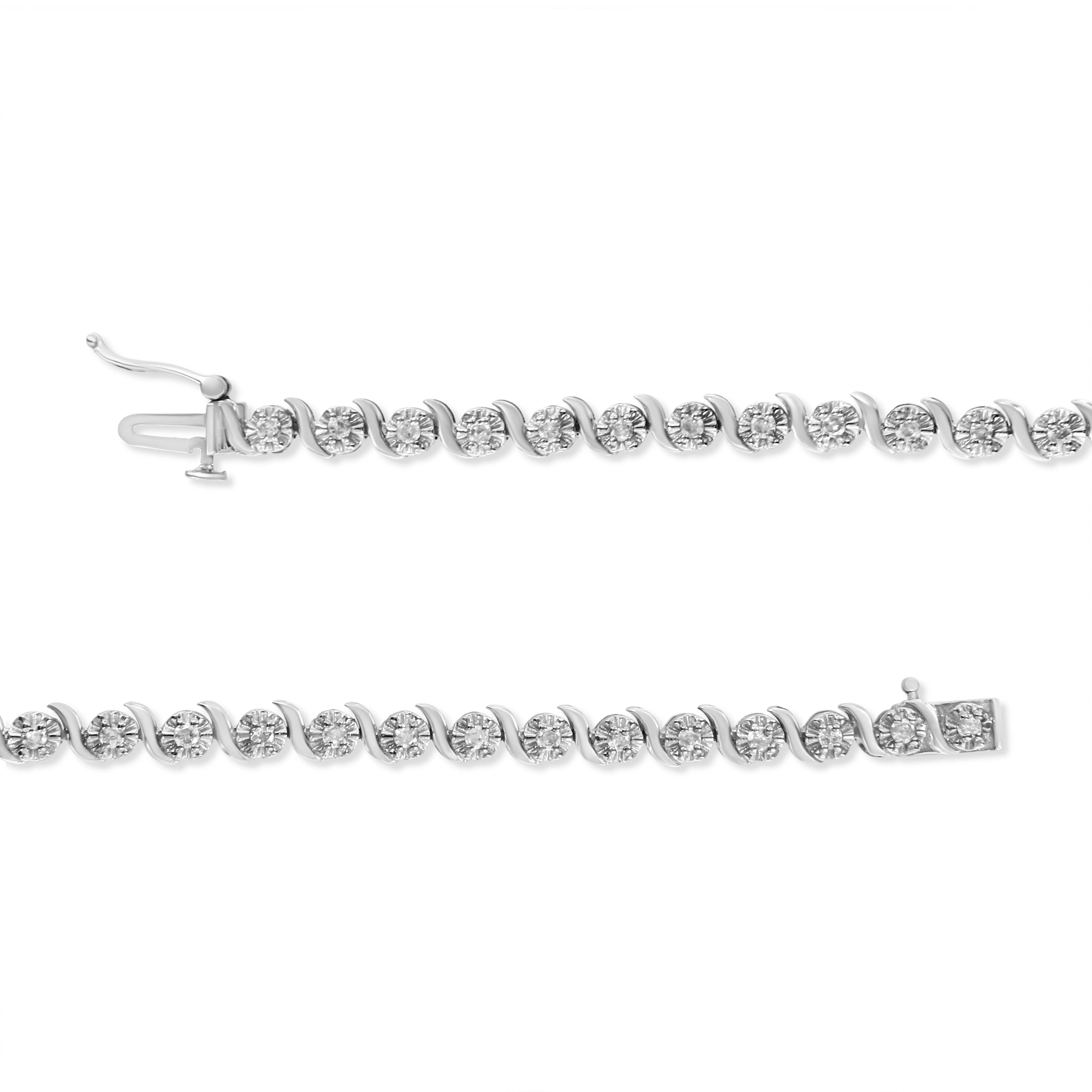 Art Deco .925 Sterling Silver 1.0 Carat Diamond Spiral Wave Curved-Link Tennis Bracelet For Sale
