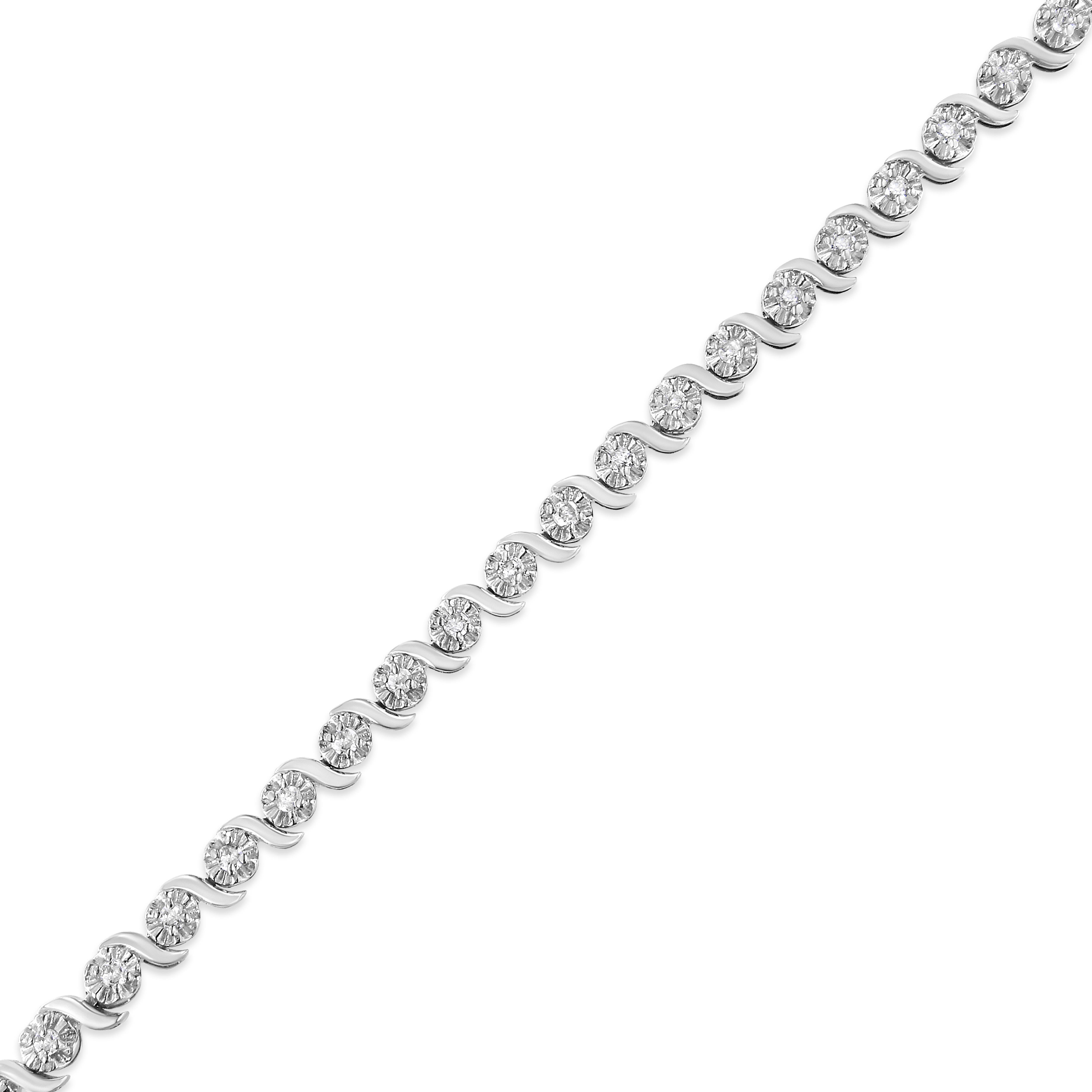 Round Cut .925 Sterling Silver 1.0 Carat Diamond Spiral Wave Curved-Link Tennis Bracelet For Sale