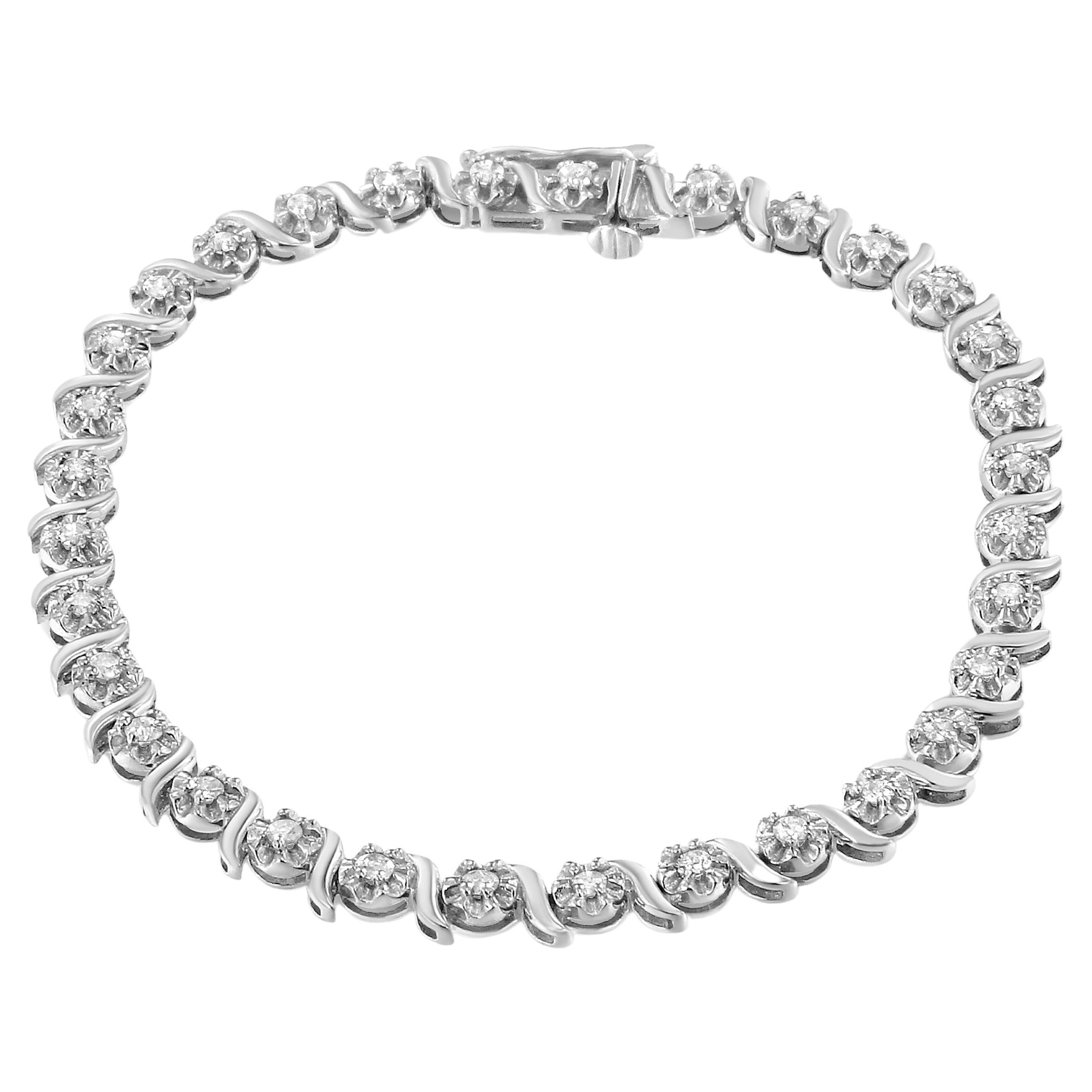 .925 Sterling Silver 1.0 Carat Diamond Spiral Wave Curved-Link Tennis Bracelet For Sale