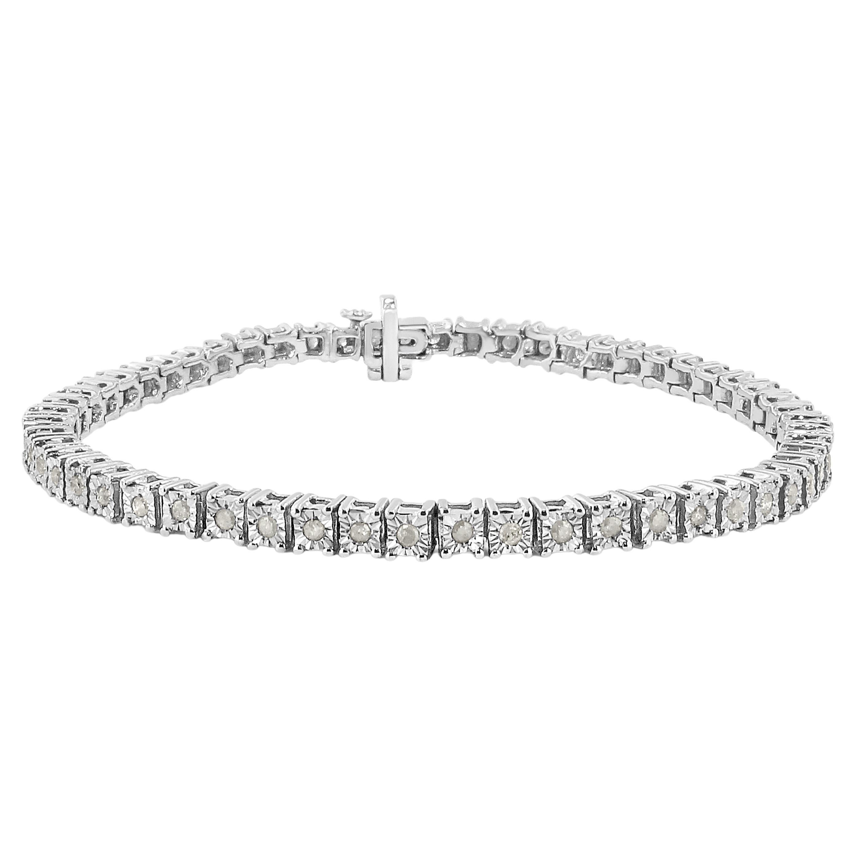 .925 Sterling Silver 1.0 Carat Diamond Square Frame Miracle-Set Tennis Bracelet For Sale