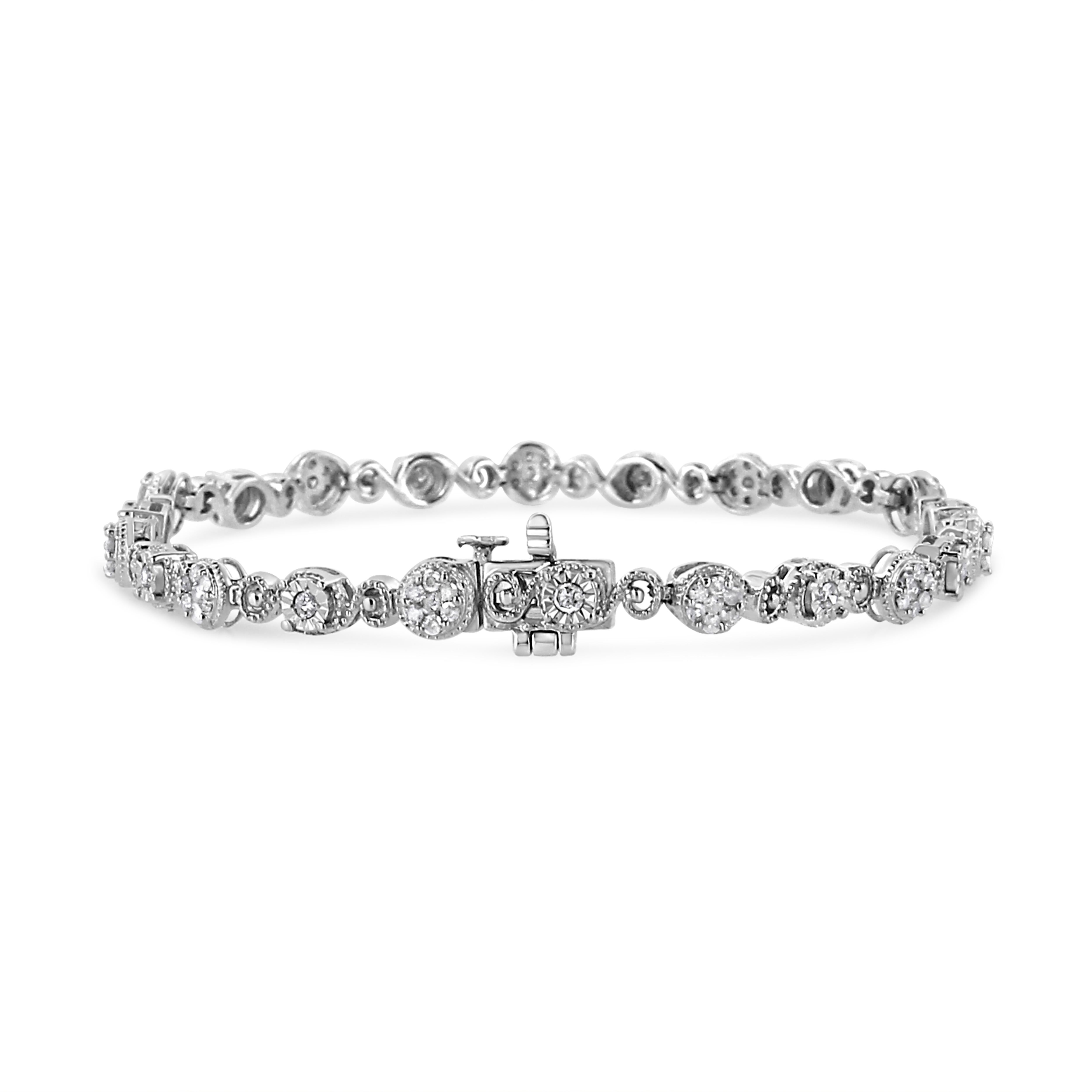 Update your look with this gorgeous, swirling diamond link bracelet. Crafted from cool weaves of .925 sterling silver, this embellished style features single diamonds artfully set to enhance size and sparkle alternating with round diamond
