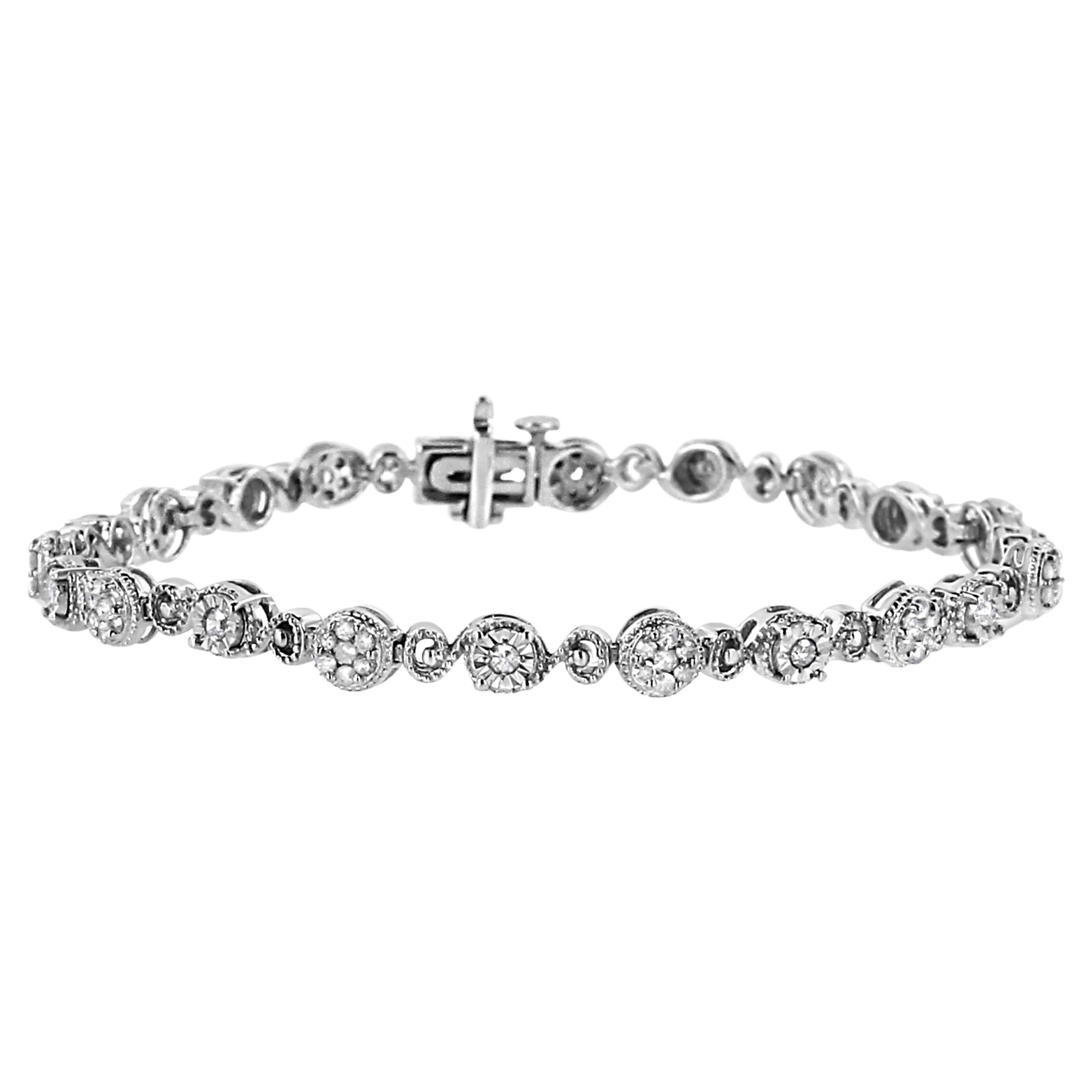 .925 Sterling Silver 1.0 Carat Diamond Swirl Beaded Link Bracelet For Sale