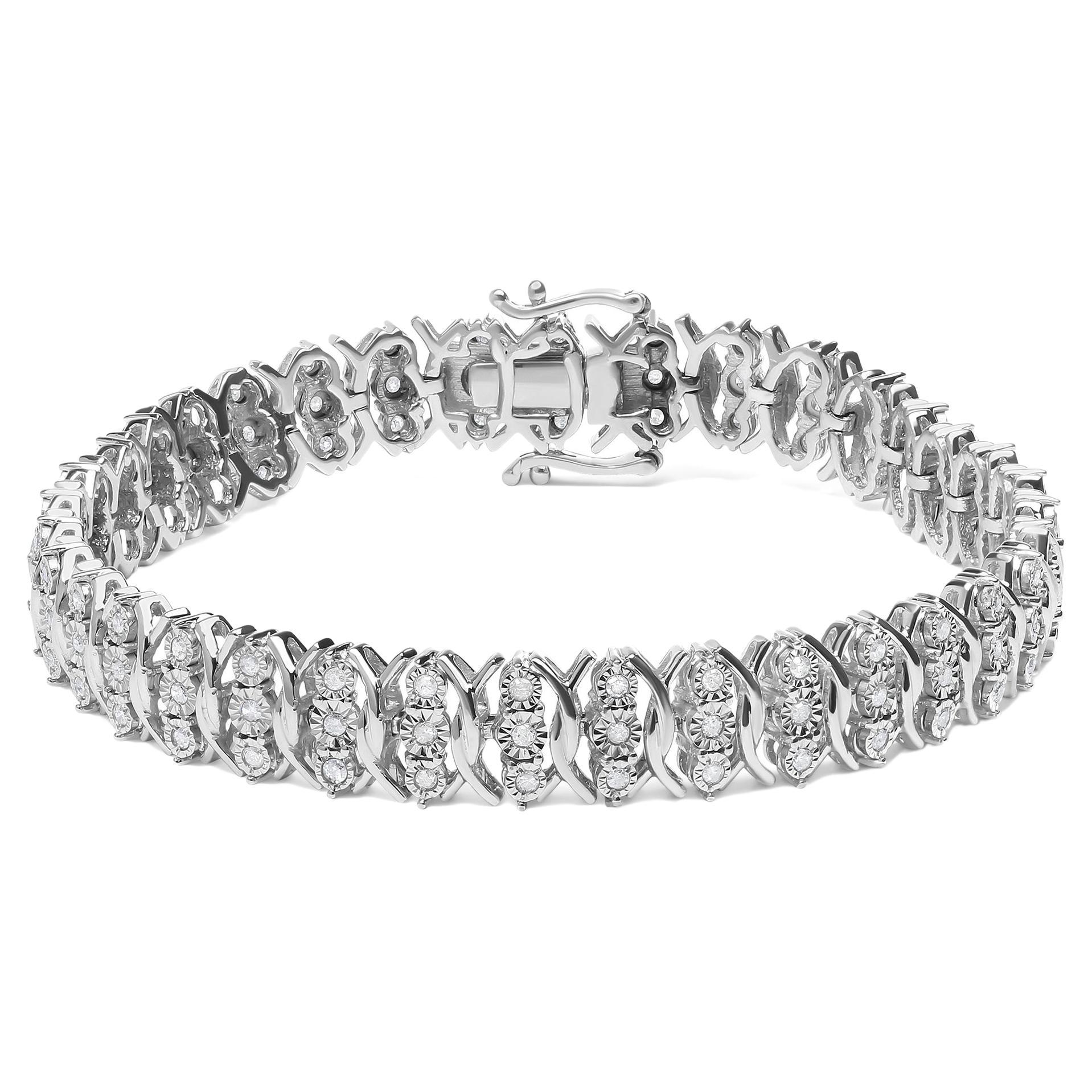 .925 Sterling Silver 1.0 Carat Miracle Set Diamond 3 Row Wave Link Bracelet For Sale