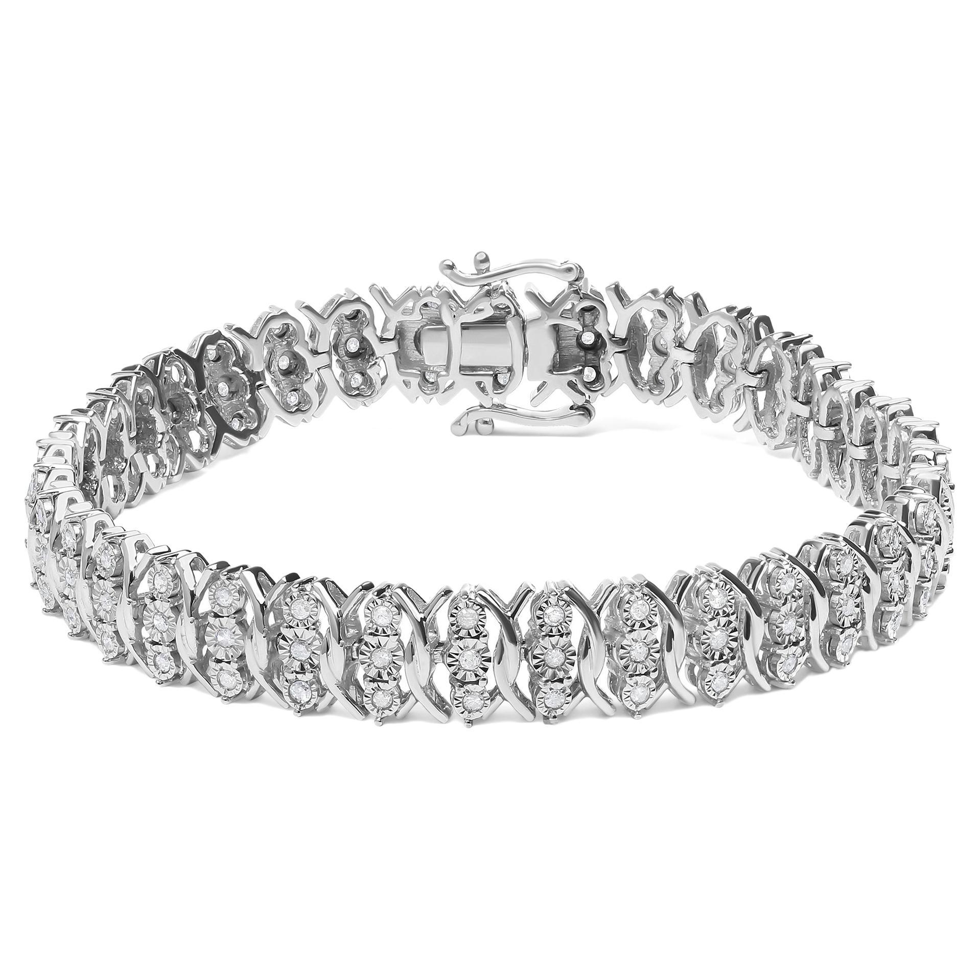 .925 Sterling Silver 1.0 Carat Miracle Set Diamond 3 Row Wave Link Bracelet