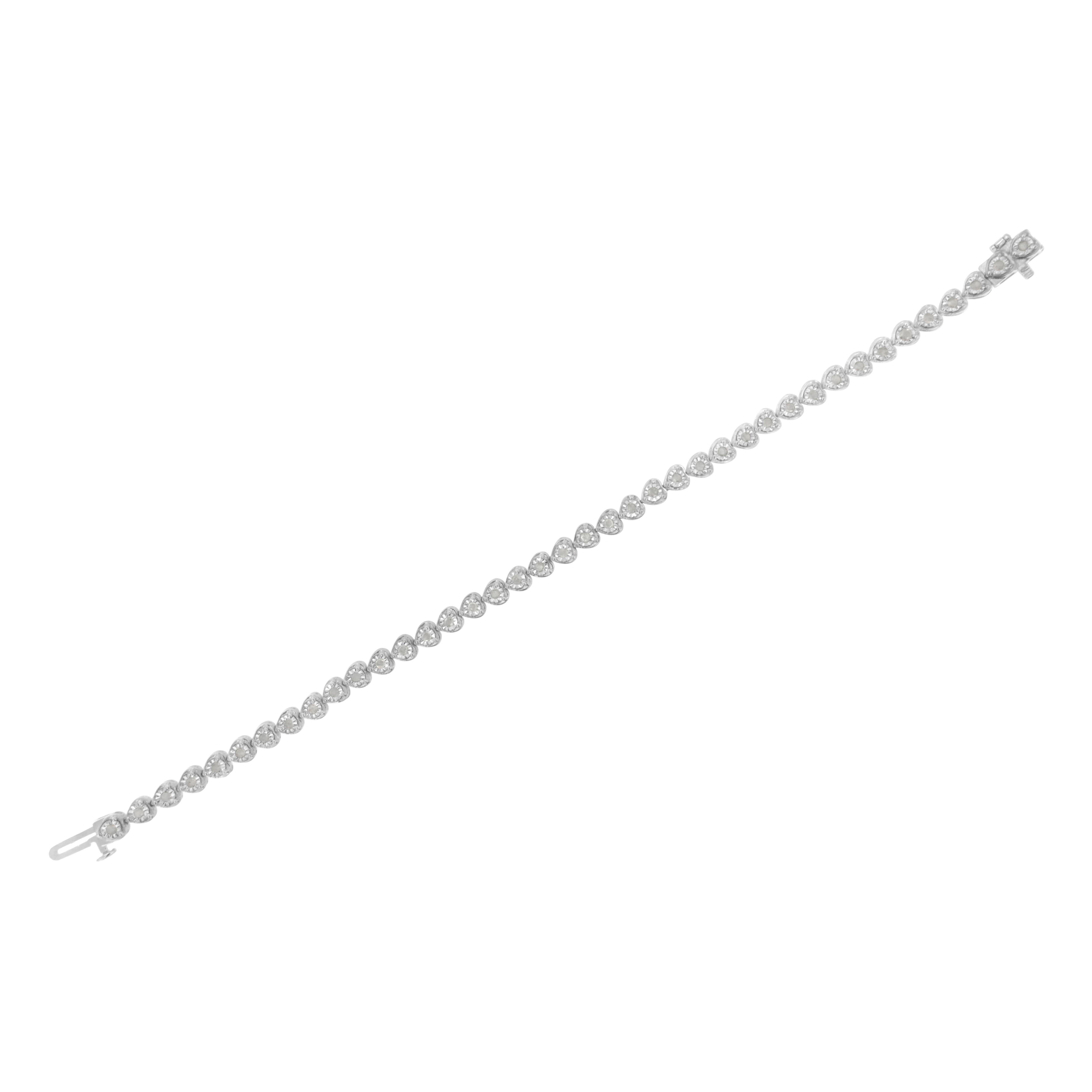 Contemporary .925 Sterling Silver 1.0 Carat Miracle Set Diamond Heart-Link Tennis Bracelet For Sale