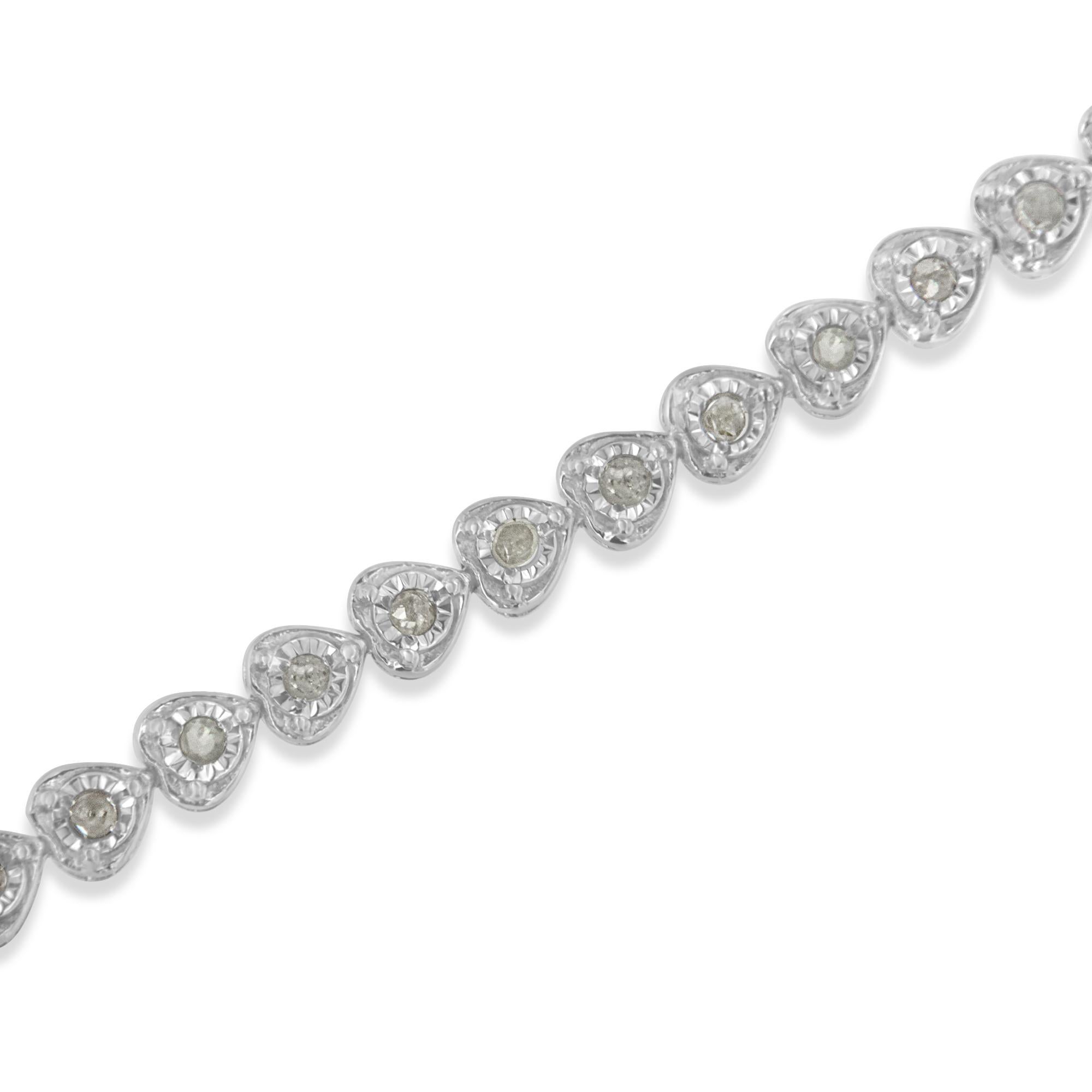 Round Cut .925 Sterling Silver 1.0 Carat Miracle Set Diamond Heart-Link Tennis Bracelet For Sale