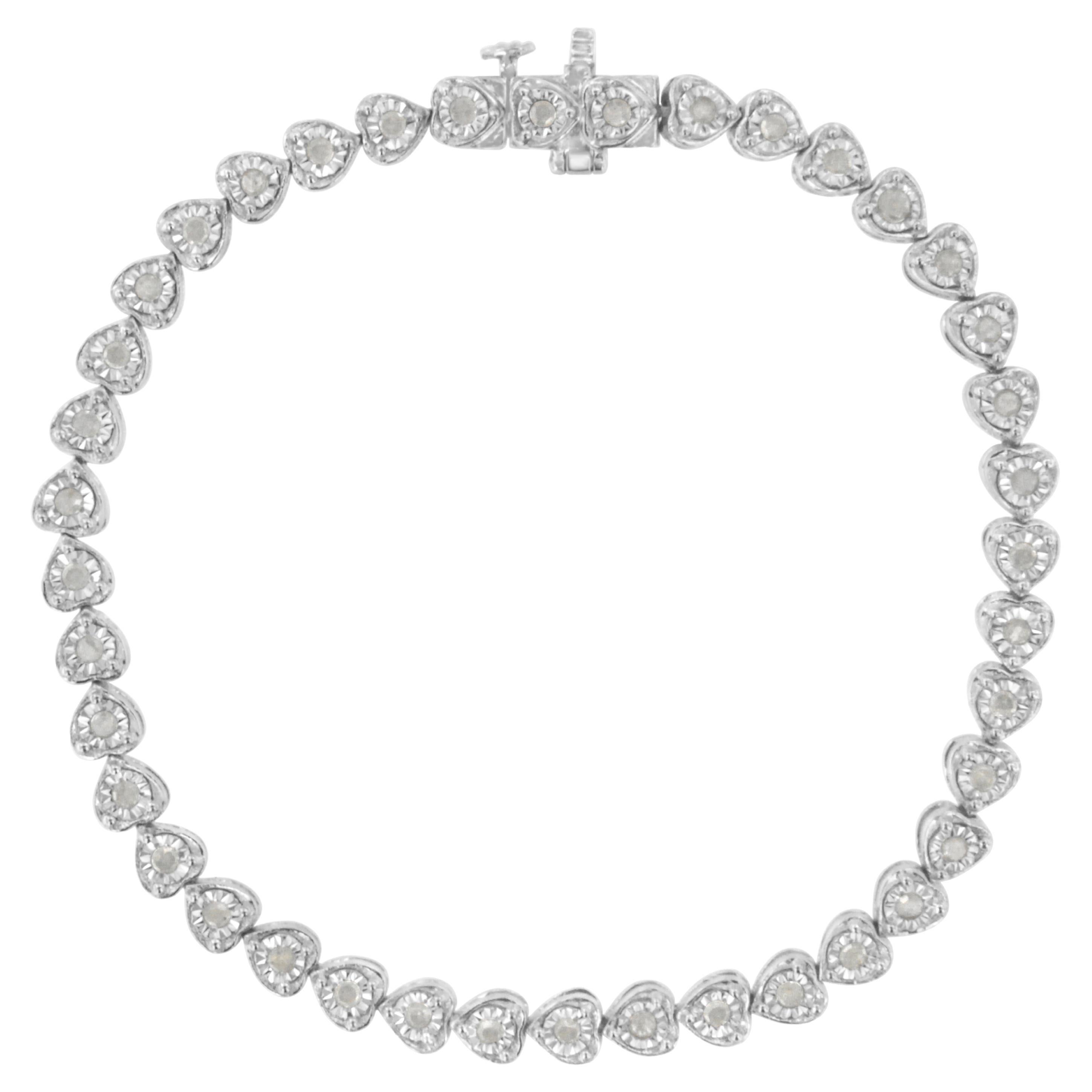 .925 Sterling Silver 1.0 Carat Miracle Set Diamond Heart-Link Tennis Bracelet For Sale